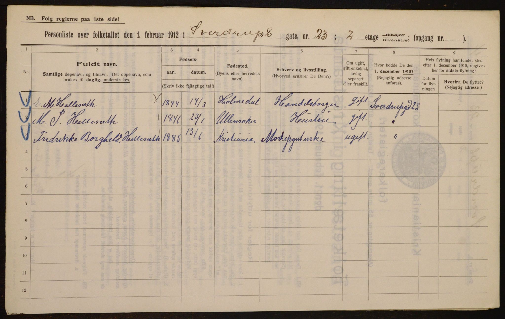 OBA, Kommunal folketelling 1.2.1912 for Kristiania, 1912, s. 105782