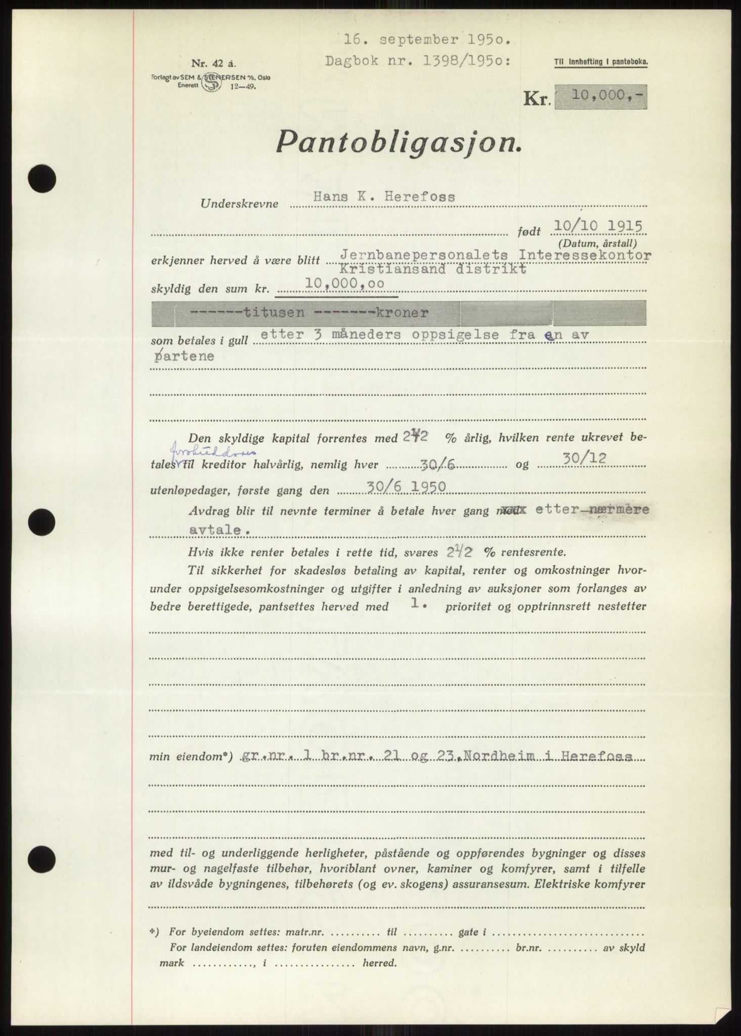 Nedenes sorenskriveri, SAK/1221-0006/G/Gb/Gbb/L0008: Pantebok nr. B8, 1950-1950, Dagboknr: 1398/1950