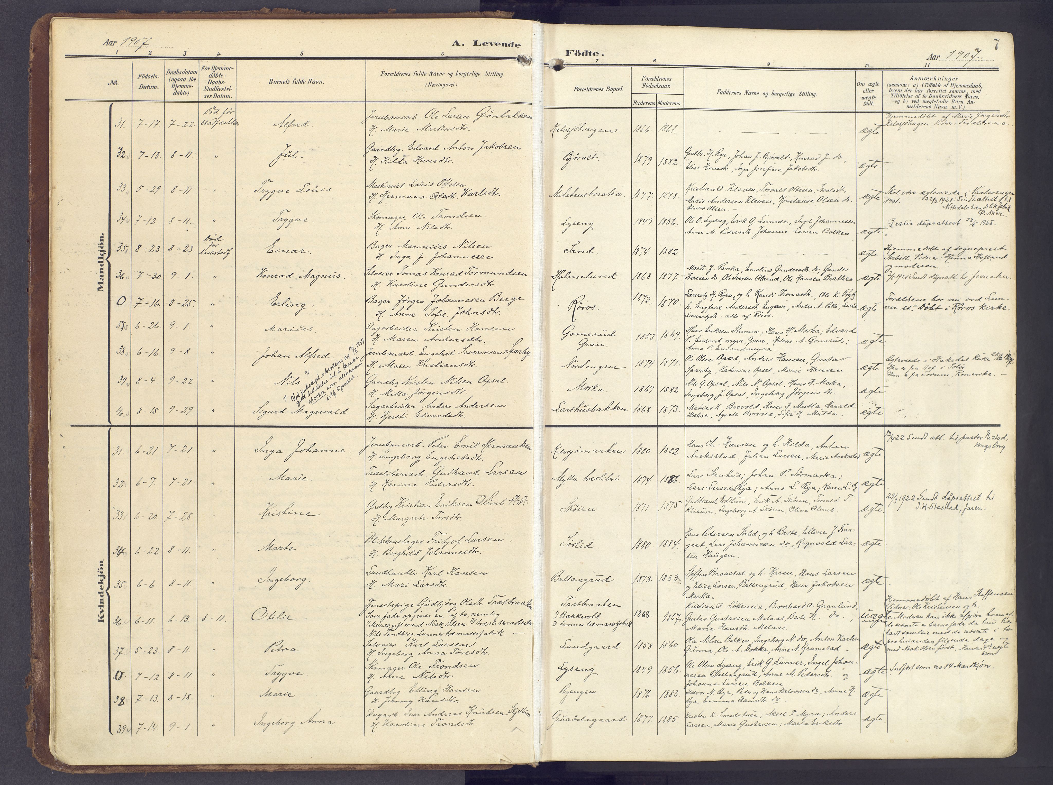 Lunner prestekontor, AV/SAH-PREST-118/H/Ha/Haa/L0001: Ministerialbok nr. 1, 1907-1922, s. 7