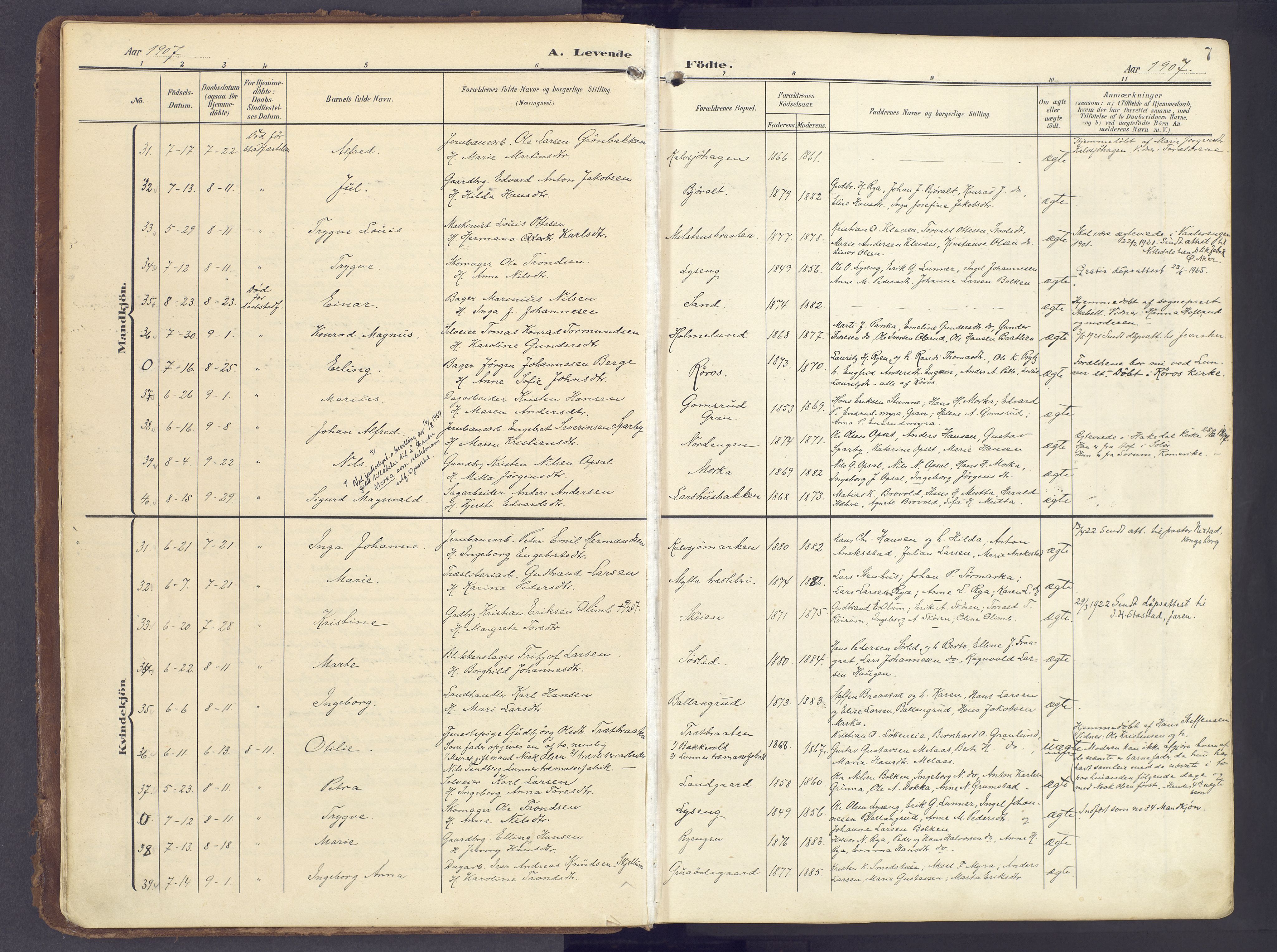 Lunner prestekontor, SAH/PREST-118/H/Ha/Haa/L0001: Ministerialbok nr. 1, 1907-1922, s. 7