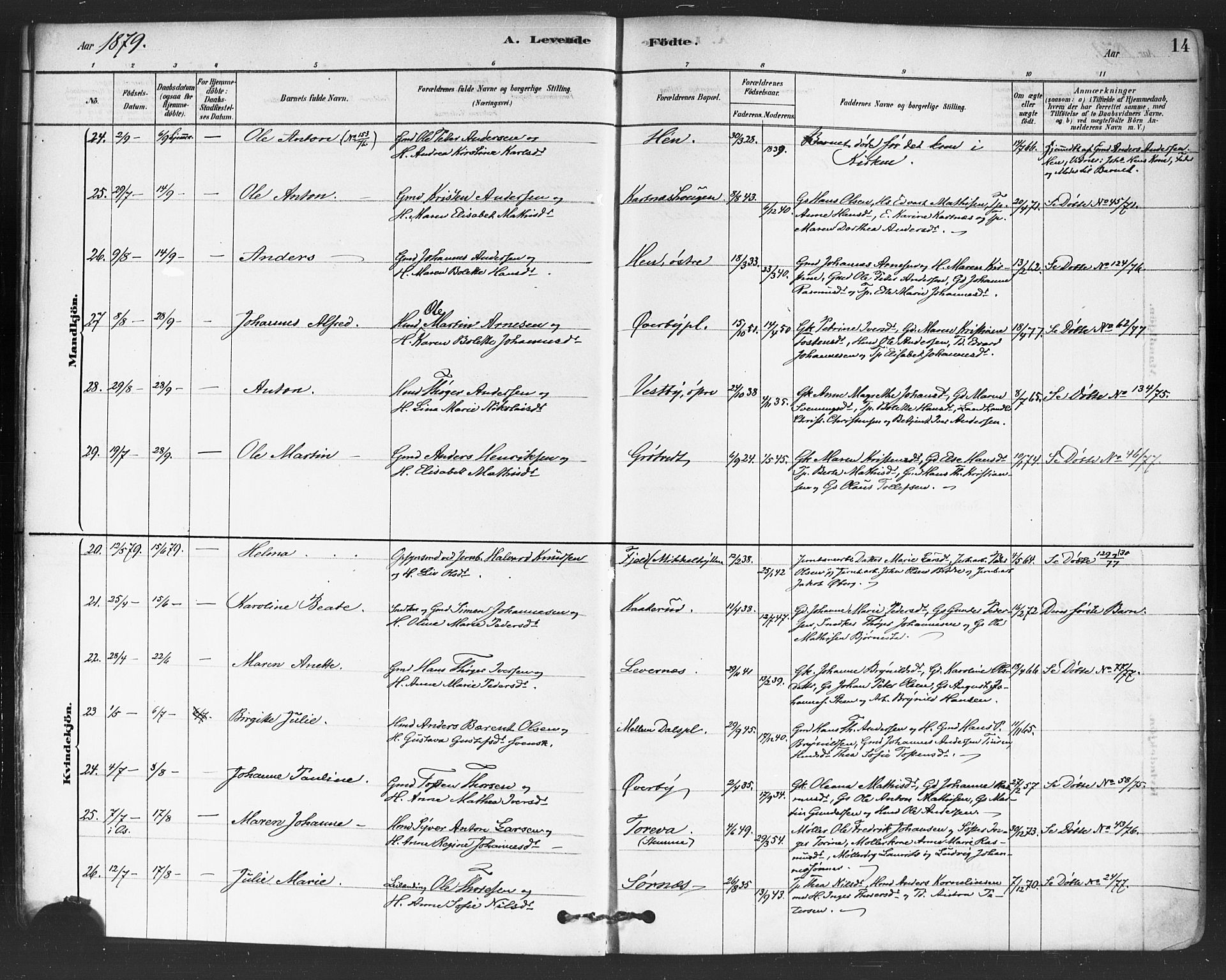 Rakkestad prestekontor Kirkebøker, AV/SAO-A-2008/F/Fa/L0012: Ministerialbok nr. I 12, 1878-1893, s. 14