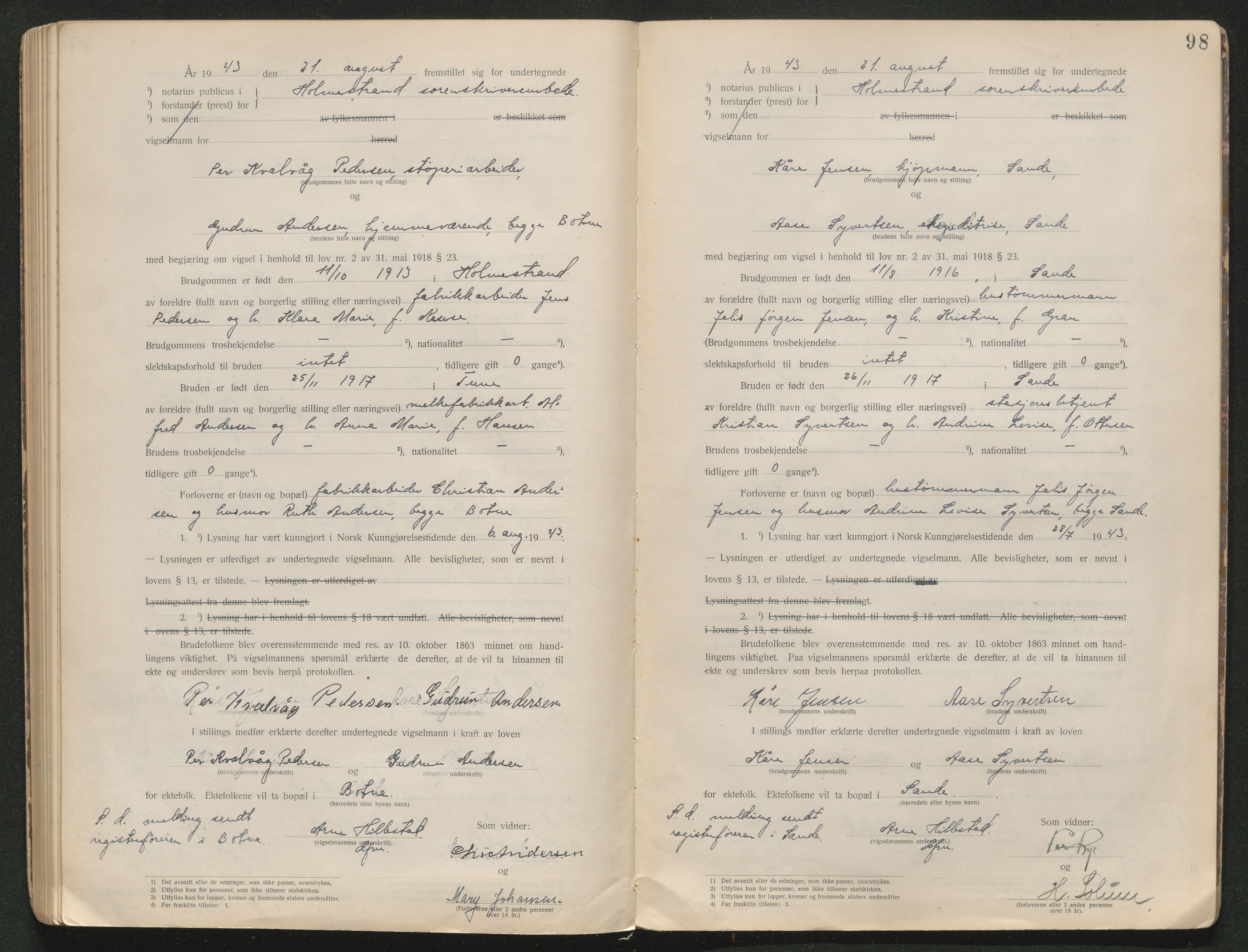 Holmestrand sorenskriveri, SAKO/A-67/L/Lb/L0001: Vigselsbok, 1920-1943, s. 98
