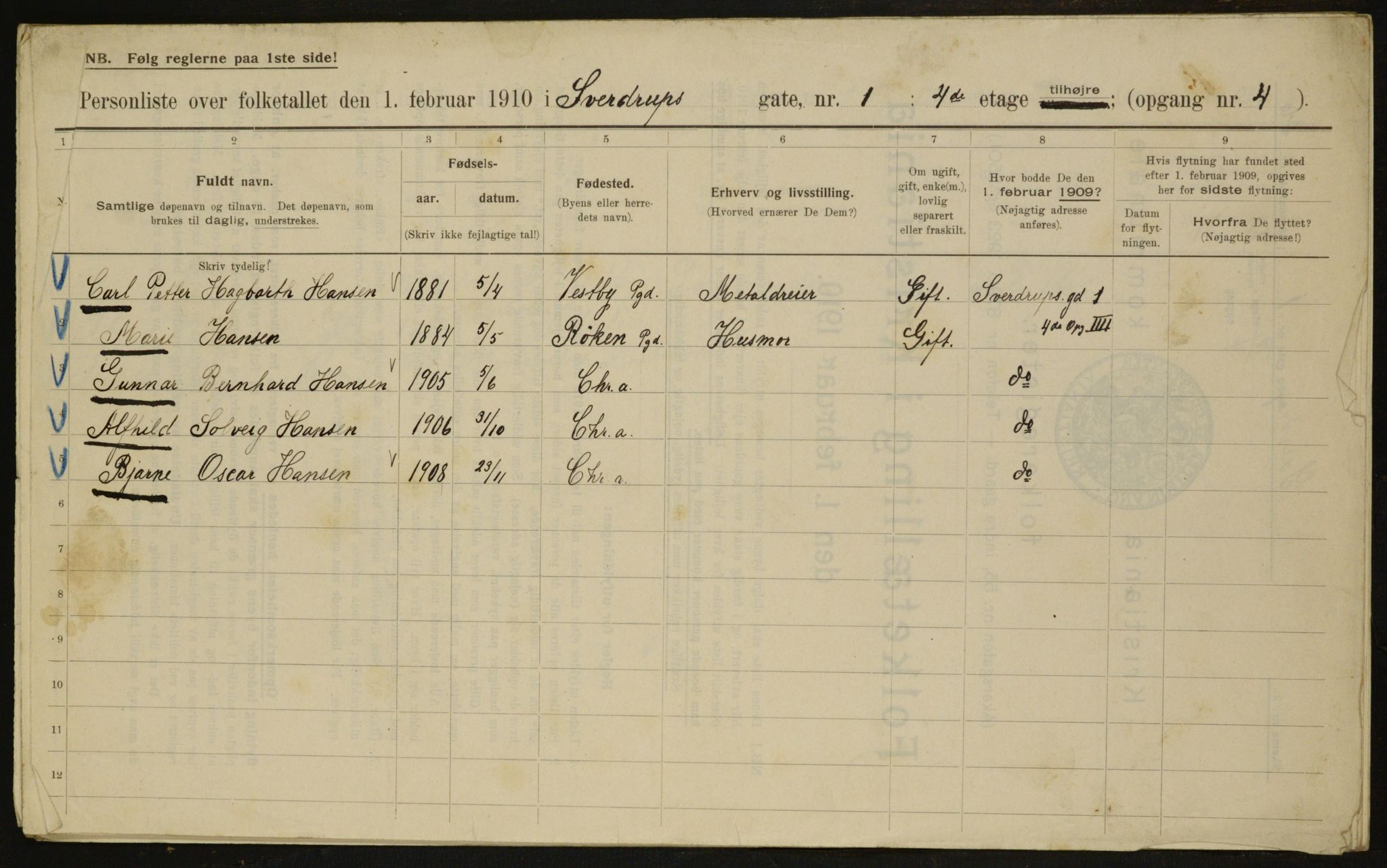 OBA, Kommunal folketelling 1.2.1910 for Kristiania, 1910, s. 99467