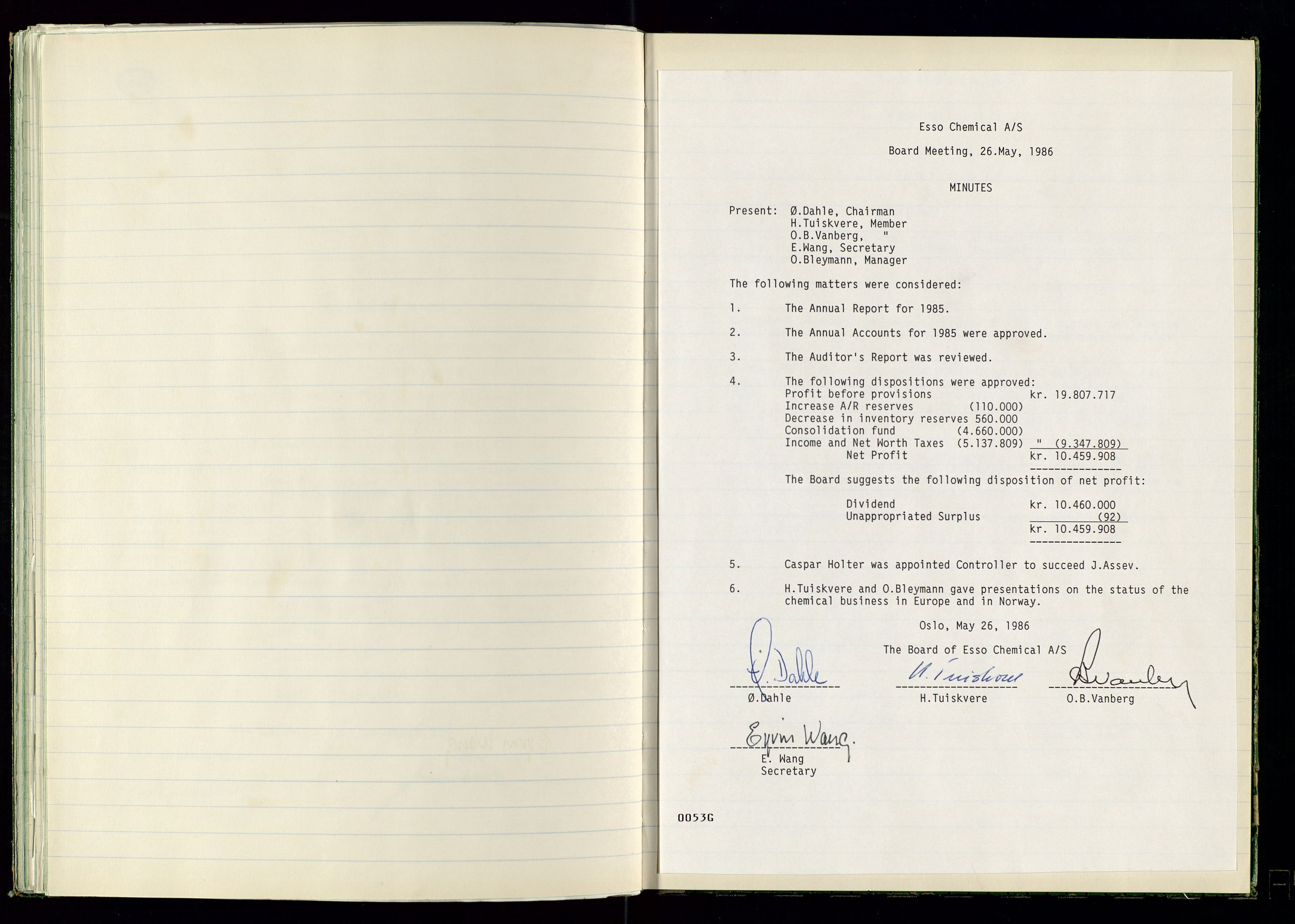 PA 1538 - Exxon Chemical Norge A/S, AV/SAST-A-101958/A/Aa/L0001/0001: Generalforsamlinger og styreprotokoller / Styreprotokoll, 1966-1996
