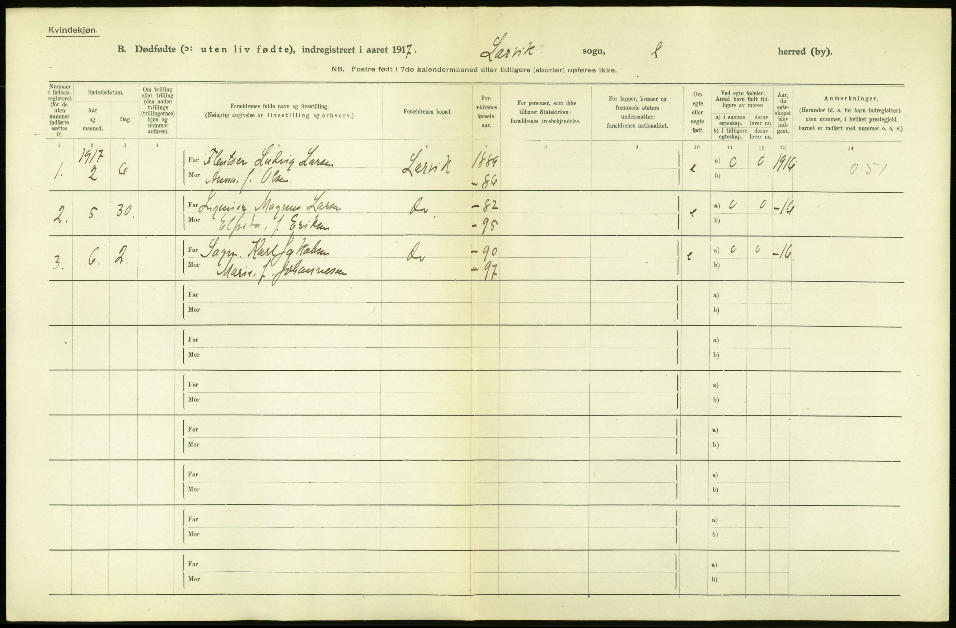 Statistisk sentralbyrå, Sosiodemografiske emner, Befolkning, AV/RA-S-2228/D/Df/Dfb/Dfbg/L0023: Jarlsberg og Larviks amt: Døde, dødfødte. Bygder og byer., 1917, s. 8