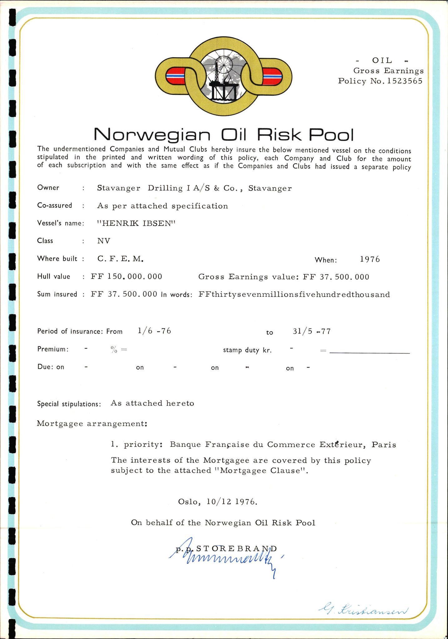 Pa 1503 - Stavanger Drilling AS, AV/SAST-A-101906/2/E/Ec/Eca/L0009: Forsikring, 1975-1980