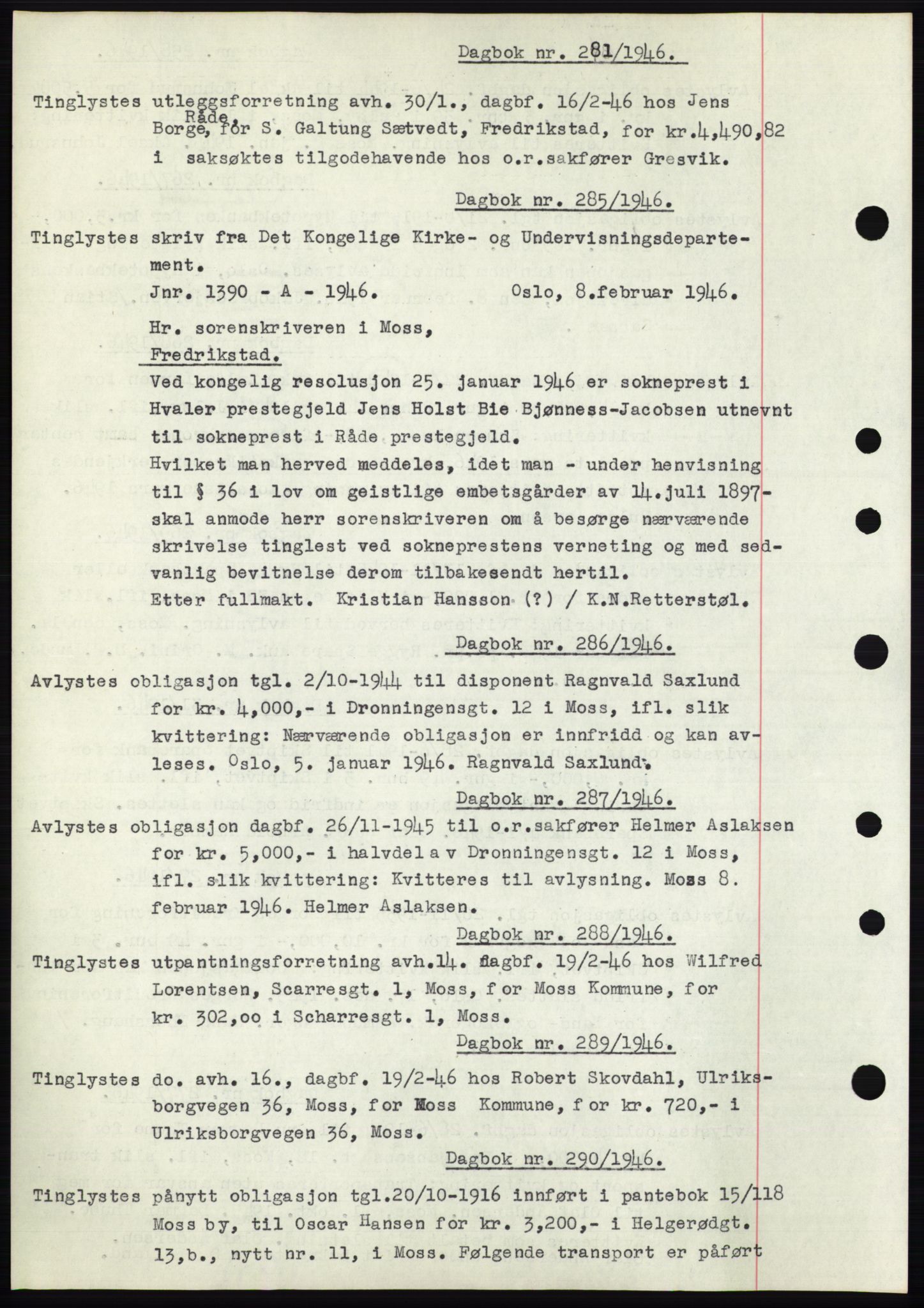 Moss sorenskriveri, SAO/A-10168: Pantebok nr. C10, 1938-1950, Dagboknr: 281/1946