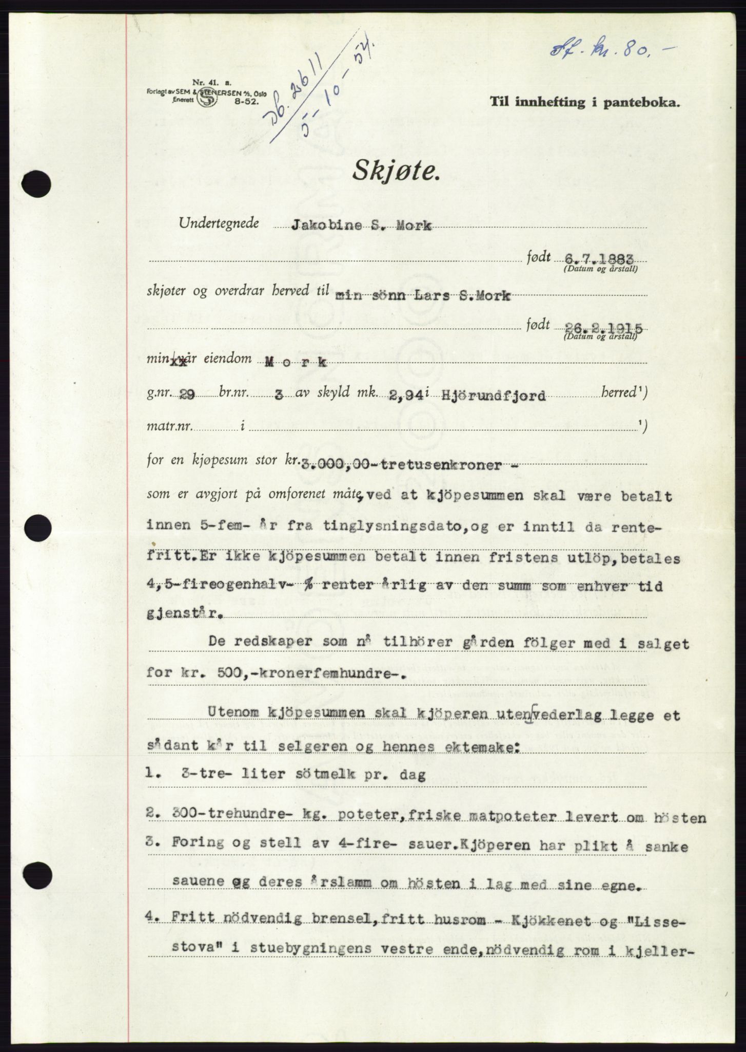 Søre Sunnmøre sorenskriveri, AV/SAT-A-4122/1/2/2C/L0099: Pantebok nr. 25A, 1954-1954, Dagboknr: 2611/1954