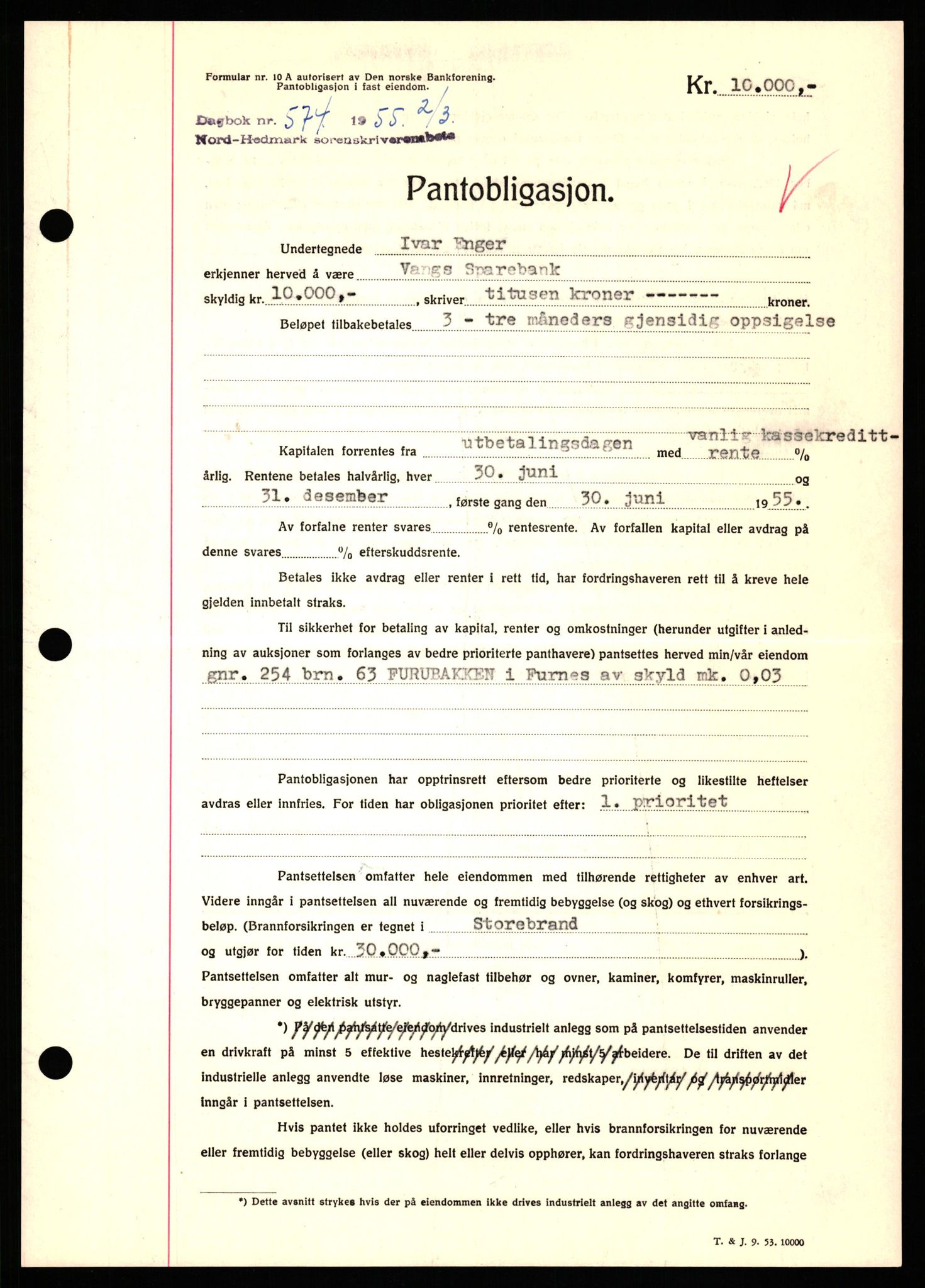 Nord-Hedmark sorenskriveri, SAH/TING-012/H/Hb/Hbf/L0032: Pantebok nr. B32, 1955-1955, Dagboknr: 574/1952