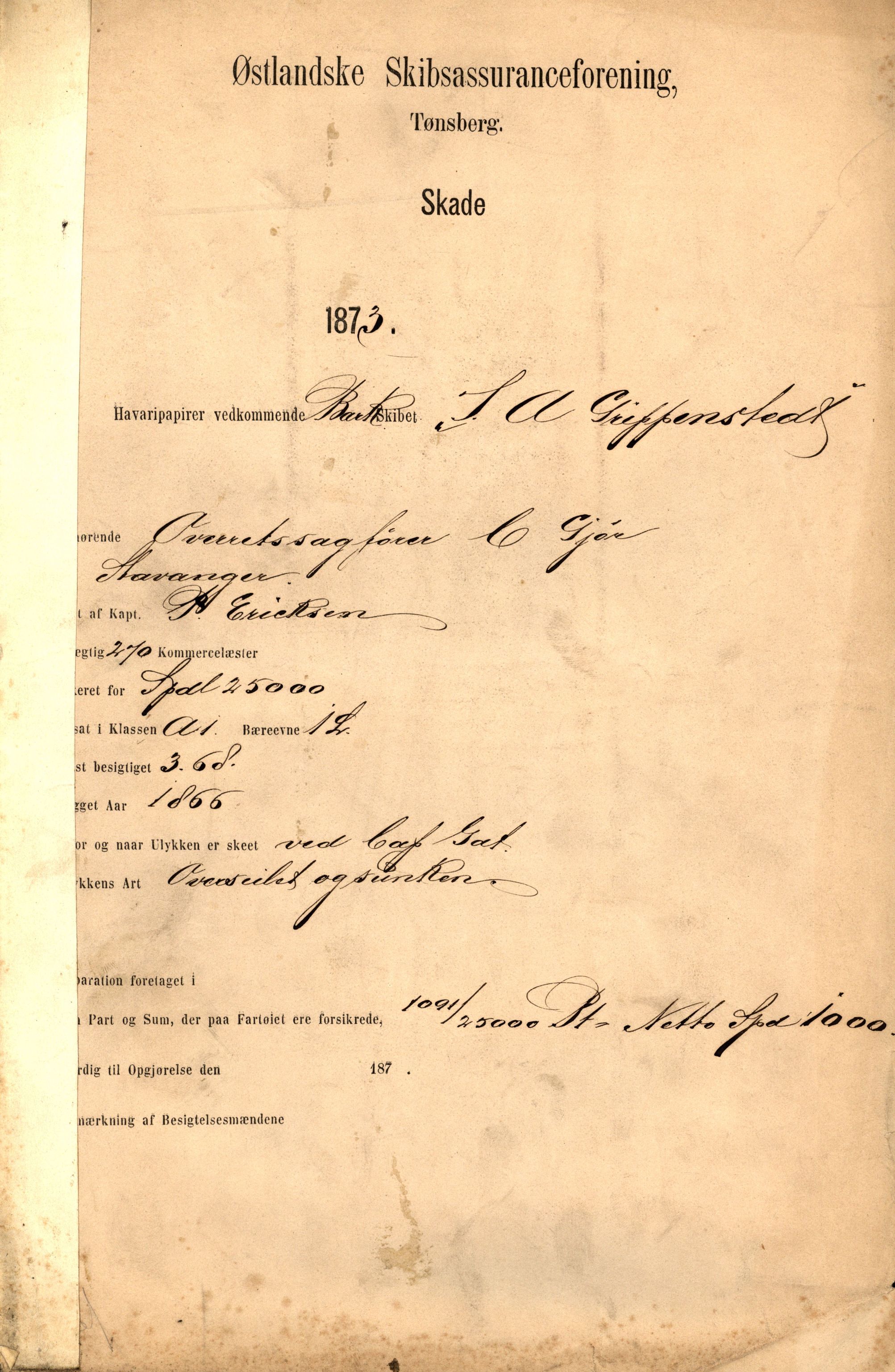 Pa 63 - Østlandske skibsassuranceforening, VEMU/A-1079/G/Ga/L0005/0014: Havaridokumenter / J.A. Grippenstedt, 1873