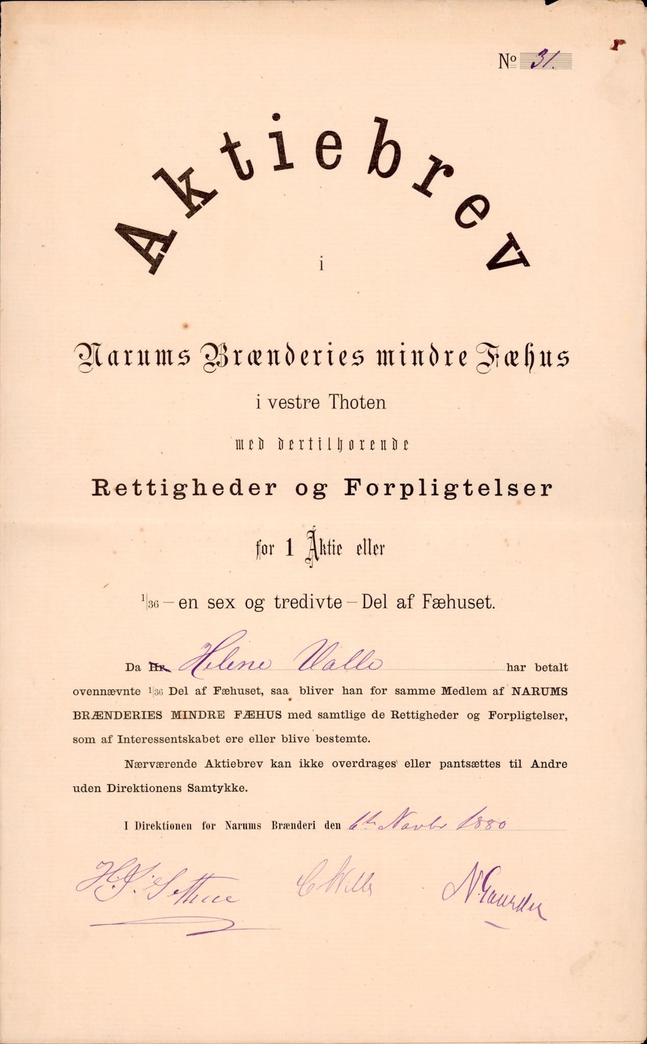 Narum Brenneri, OAMM/T-A-00012/F/0001/0001 / Aksjebrever Mindre og Større Fehus, 1880