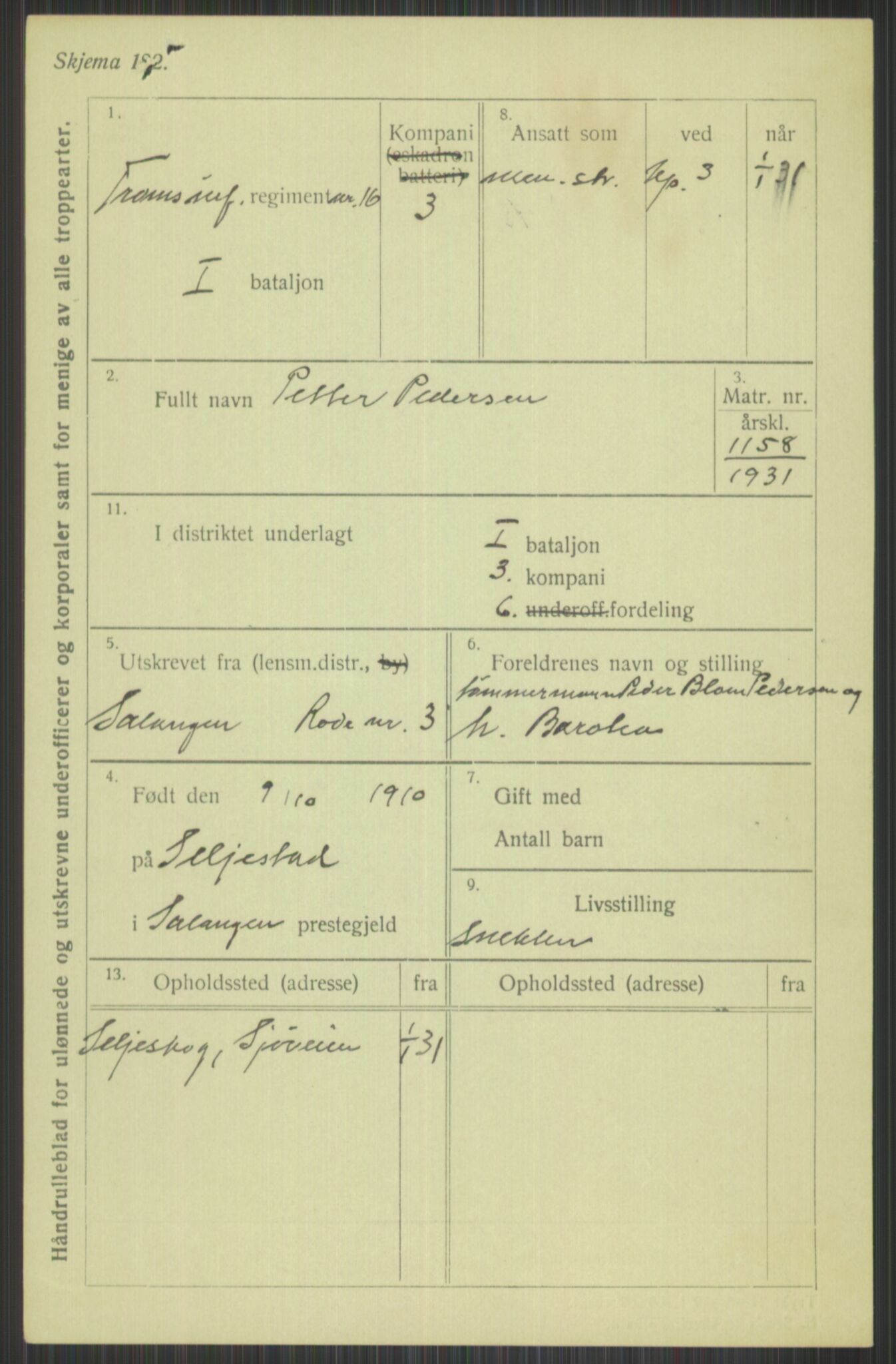 Forsvaret, Troms infanteriregiment nr. 16, AV/RA-RAFA-3146/P/Pa/L0015: Rulleblad for regimentets menige mannskaper, årsklasse 1931, 1931, s. 997