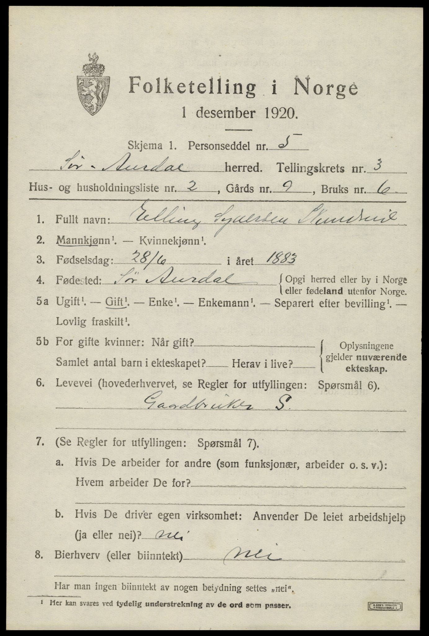 SAH, Folketelling 1920 for 0540 Sør-Aurdal herred, 1920, s. 1981