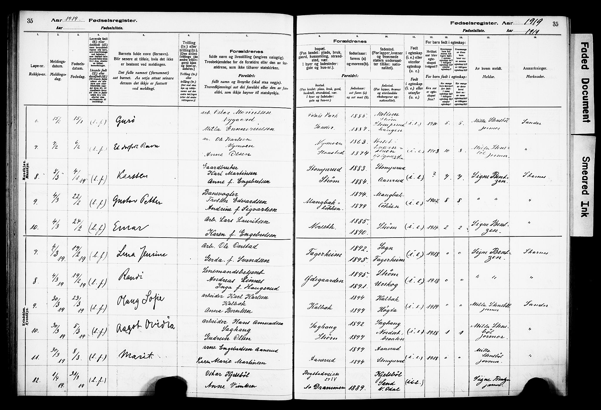 Sør-Odal prestekontor, AV/SAH-PREST-030/I/Id: Fødselsregister nr. 1, 1916-1931, s. 35