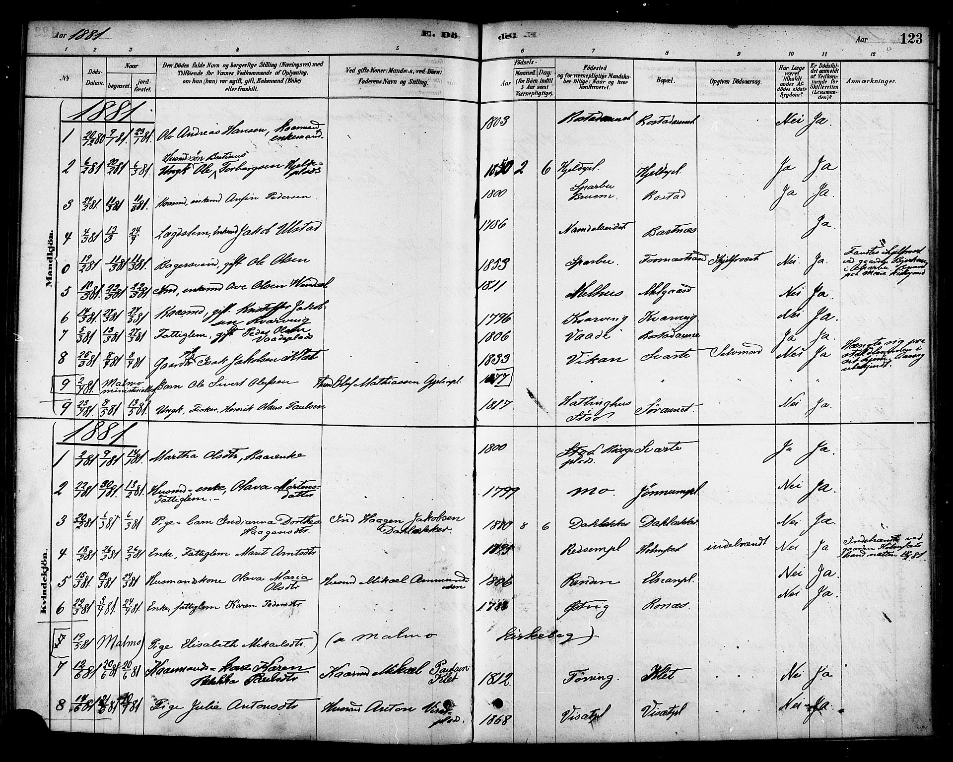 Ministerialprotokoller, klokkerbøker og fødselsregistre - Nord-Trøndelag, SAT/A-1458/741/L0395: Ministerialbok nr. 741A09, 1878-1888, s. 123