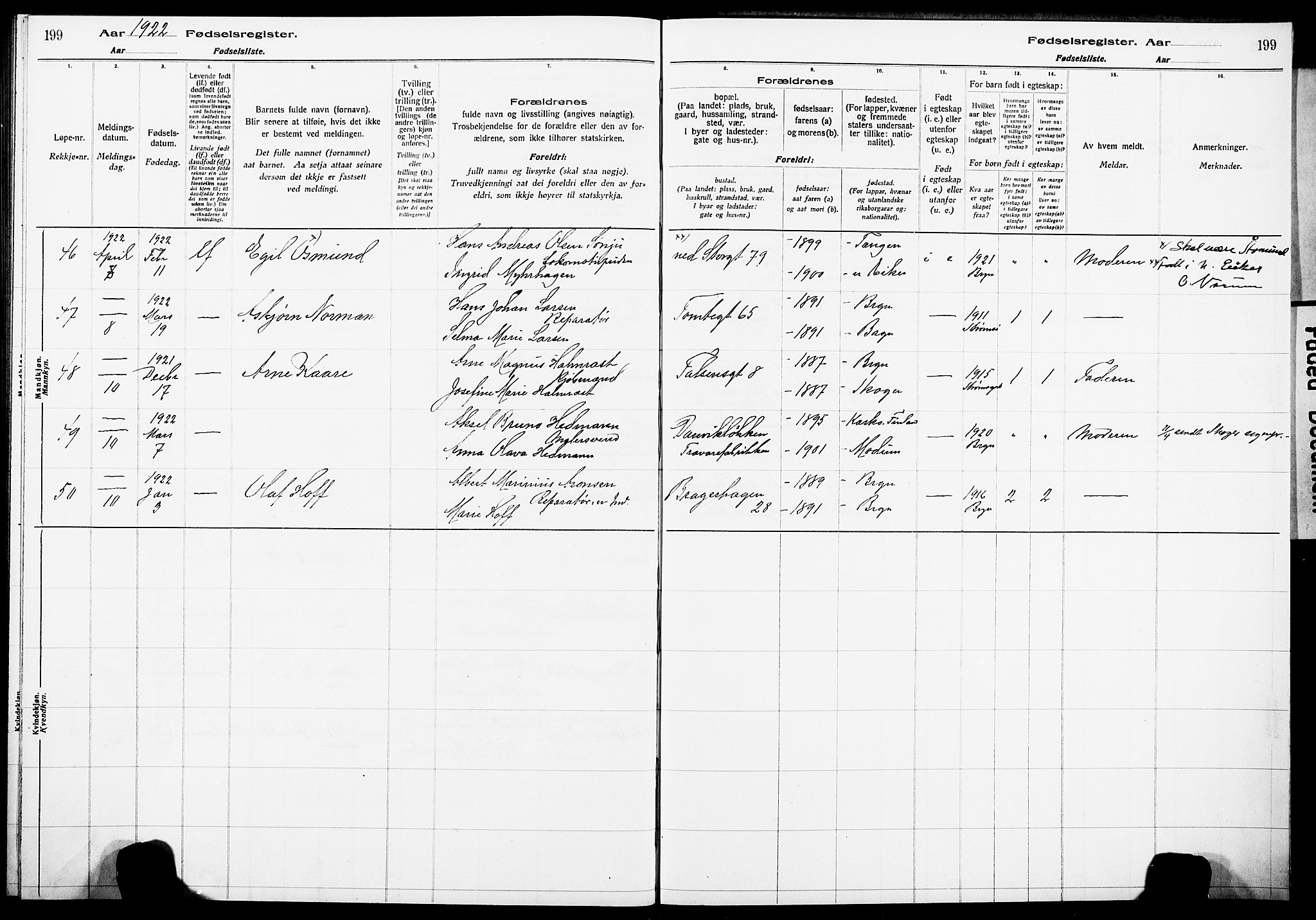 Bragernes kirkebøker, SAKO/A-6/J/Ja/L0001: Fødselsregister nr. 1, 1916-1922, s. 199