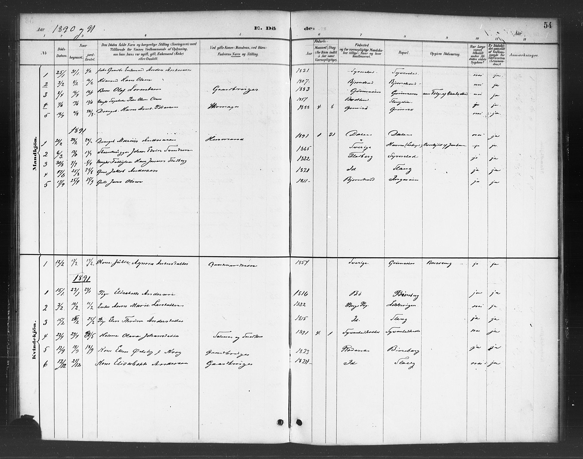 Skjeberg prestekontor Kirkebøker, AV/SAO-A-10923/F/Fc/L0001: Ministerialbok nr. III 1, 1886-1897, s. 54