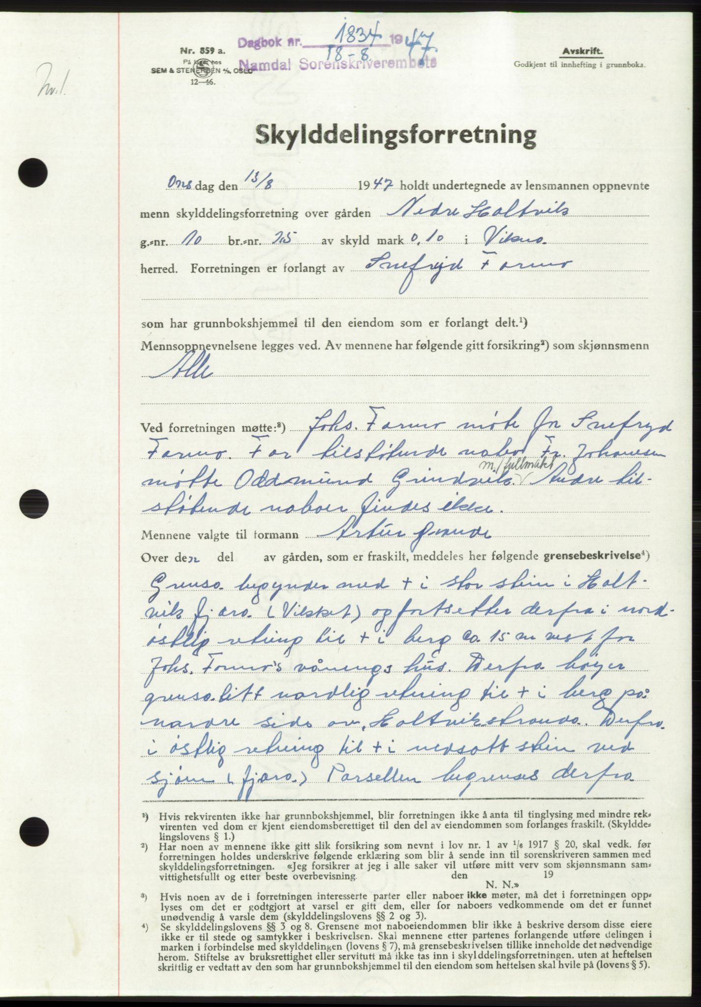 Namdal sorenskriveri, SAT/A-4133/1/2/2C: Pantebok nr. -, 1947-1947, Dagboknr: 1834/1947