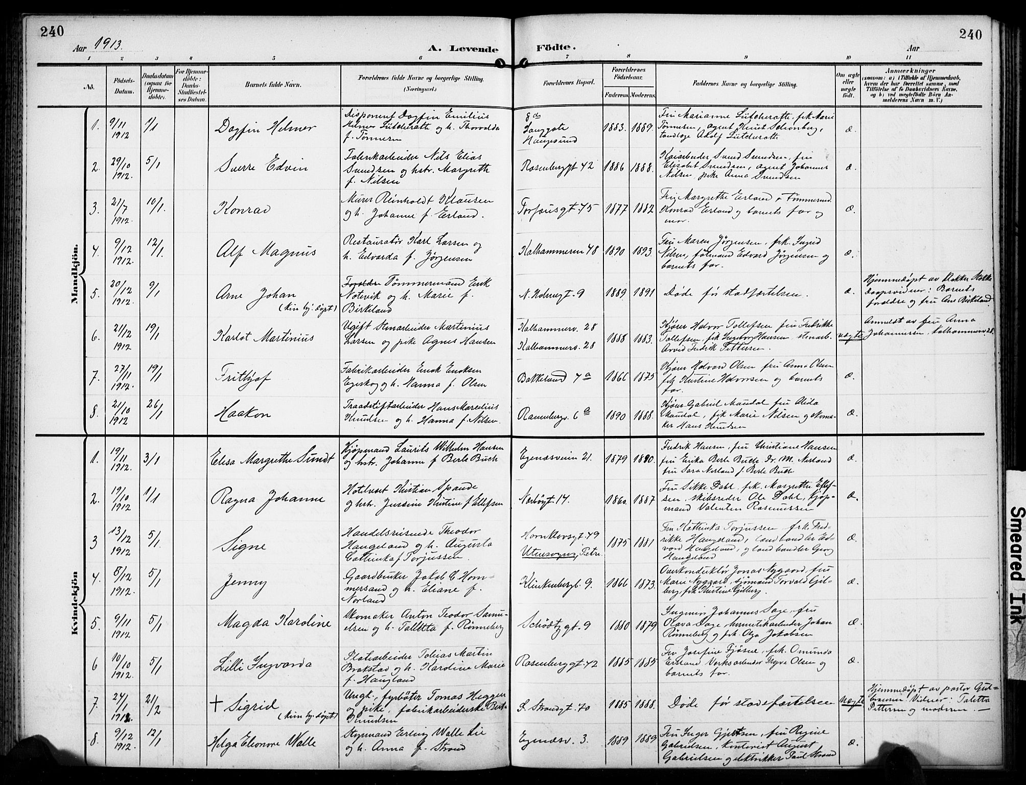 Domkirken sokneprestkontor, AV/SAST-A-101812/001/30/30BB/L0018: Klokkerbok nr. B 18, 1903-1915, s. 240