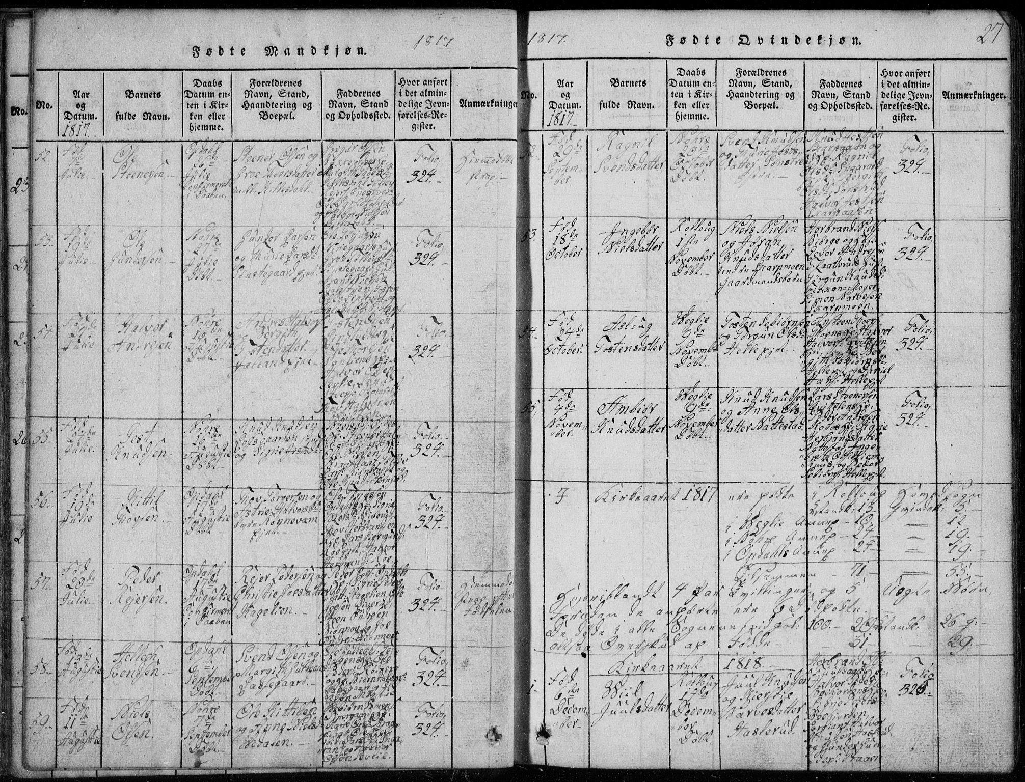 Rollag kirkebøker, AV/SAKO-A-240/G/Ga/L0001: Klokkerbok nr. I 1, 1814-1831, s. 27