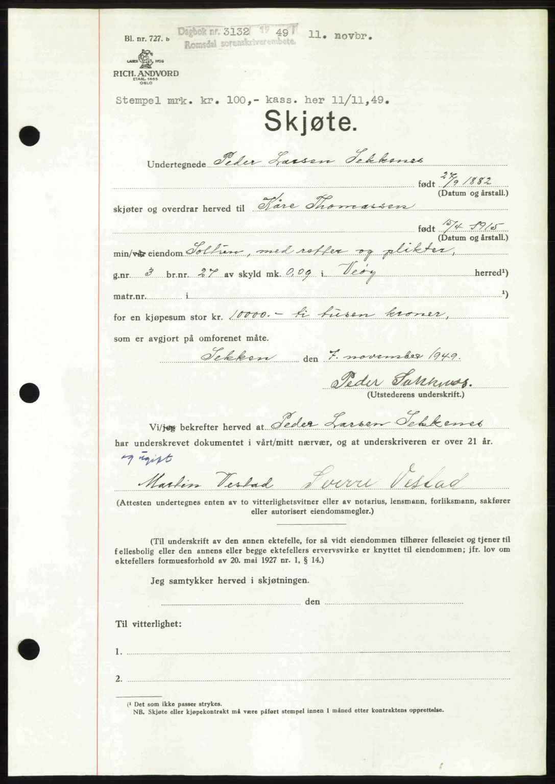 Romsdal sorenskriveri, AV/SAT-A-4149/1/2/2C: Pantebok nr. A31, 1949-1949, Dagboknr: 3132/1949