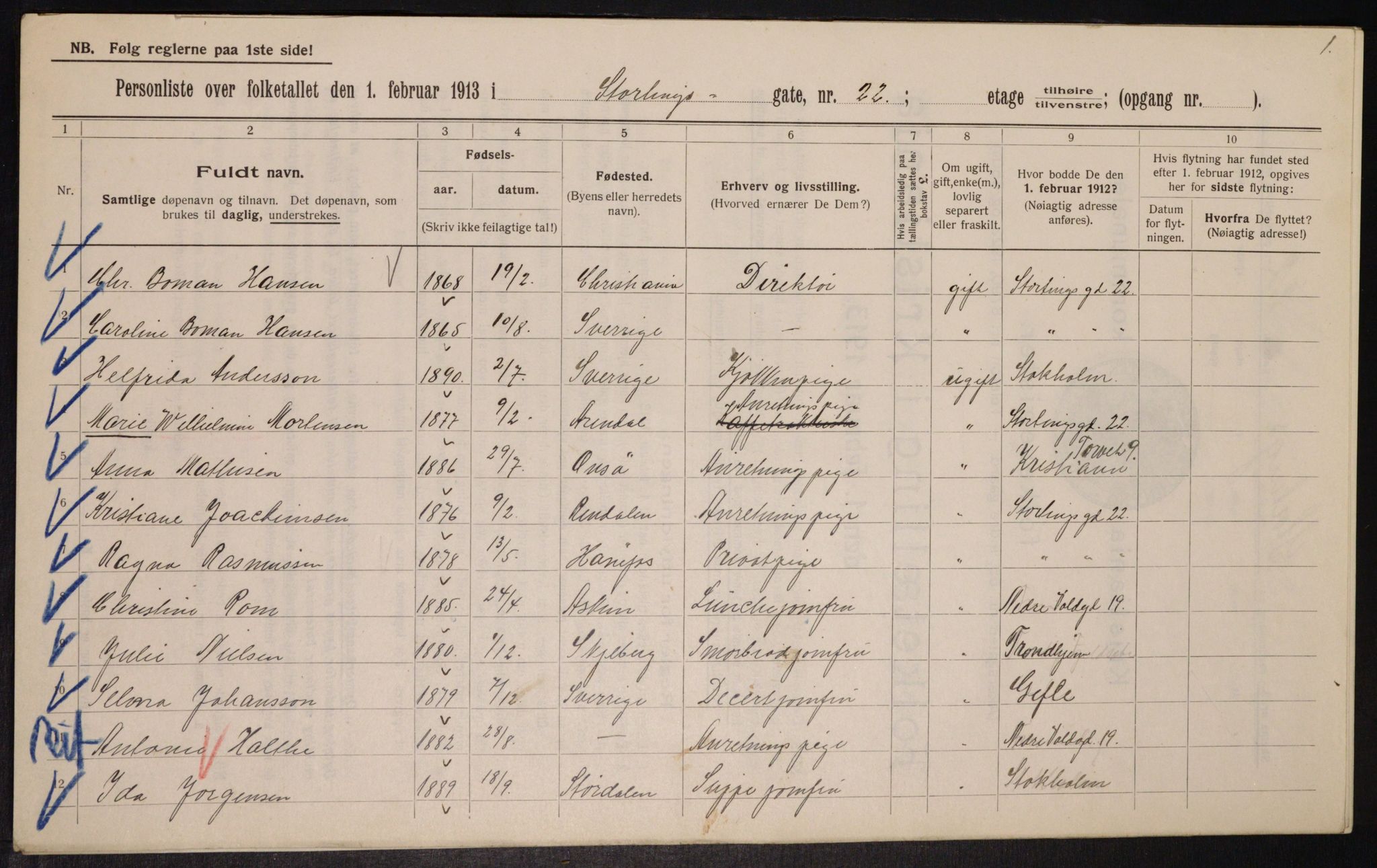 OBA, Kommunal folketelling 1.2.1913 for Kristiania, 1913, s. 103666