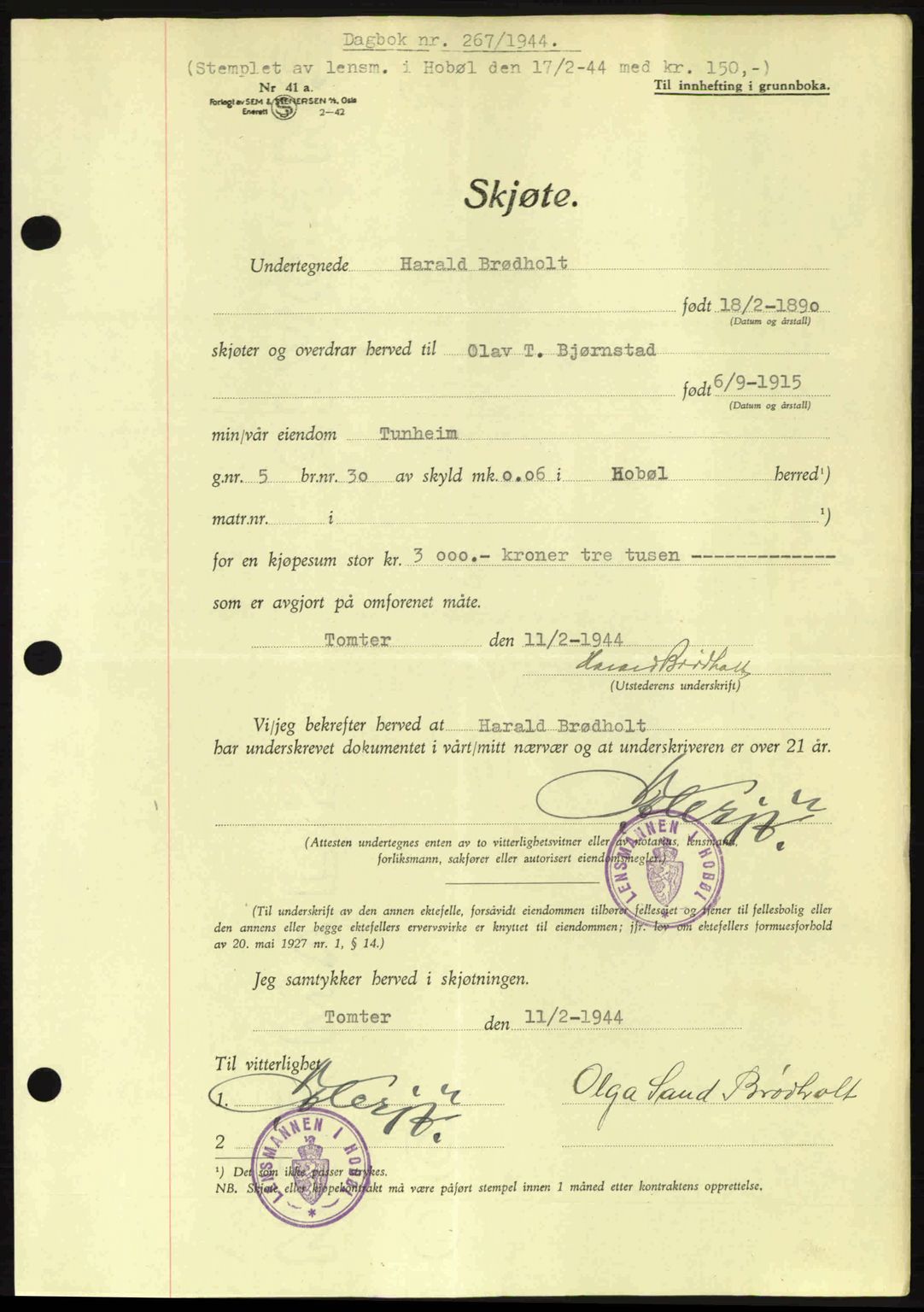 Moss sorenskriveri, SAO/A-10168: Pantebok nr. A12, 1943-1944, Dagboknr: 267/1944