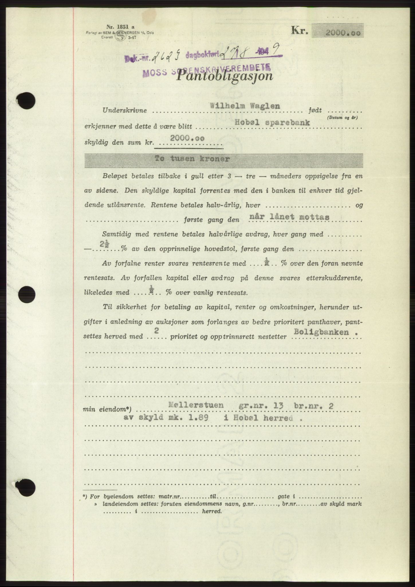 Moss sorenskriveri, SAO/A-10168: Pantebok nr. B22, 1949-1949, Dagboknr: 2623/1949