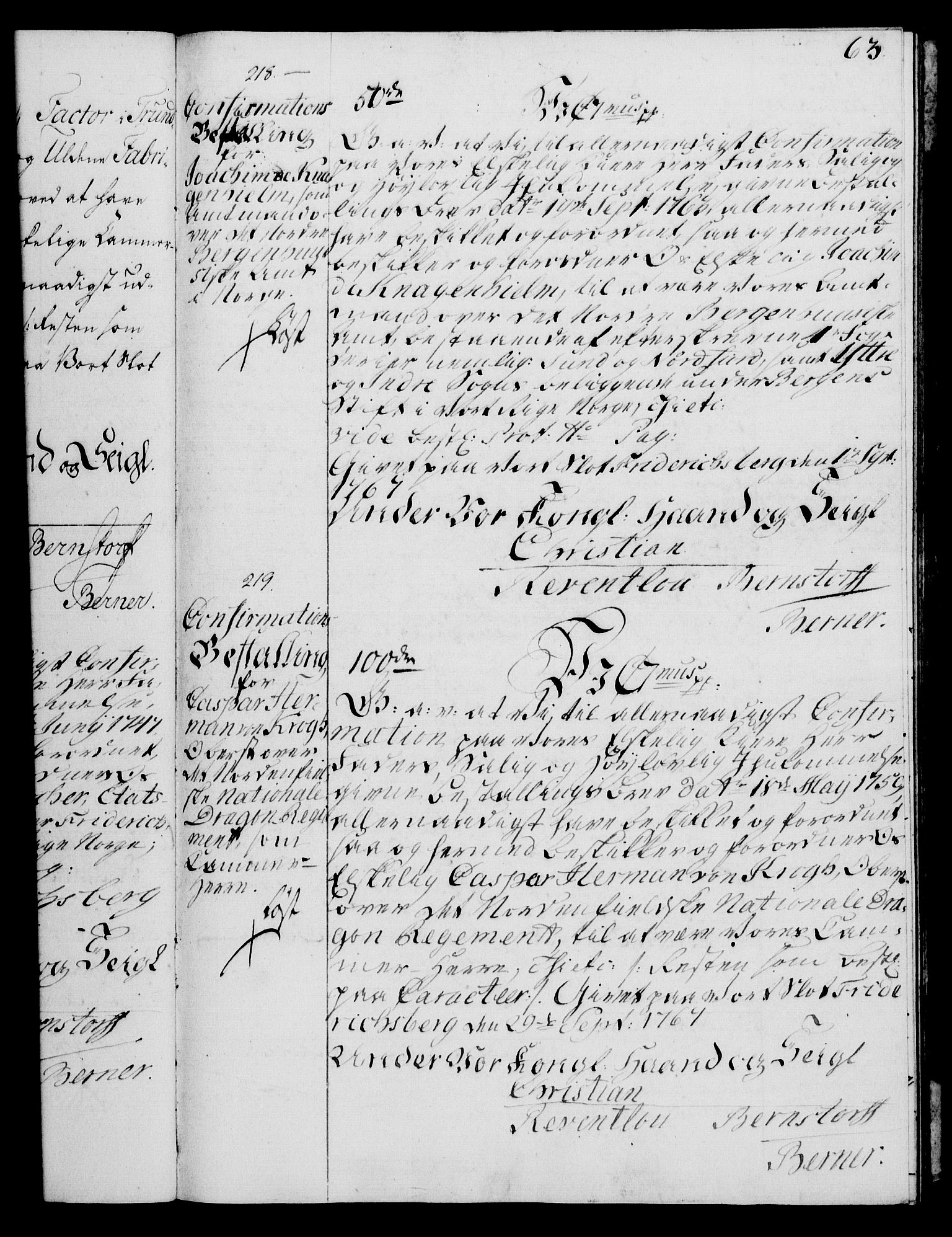 Rentekammeret, Kammerkanselliet, AV/RA-EA-3111/G/Gg/Ggg/L0003: Norsk konfirmasjonsbestallingsprotokoll med register (merket RK 53.33), 1766-1772, s. 63