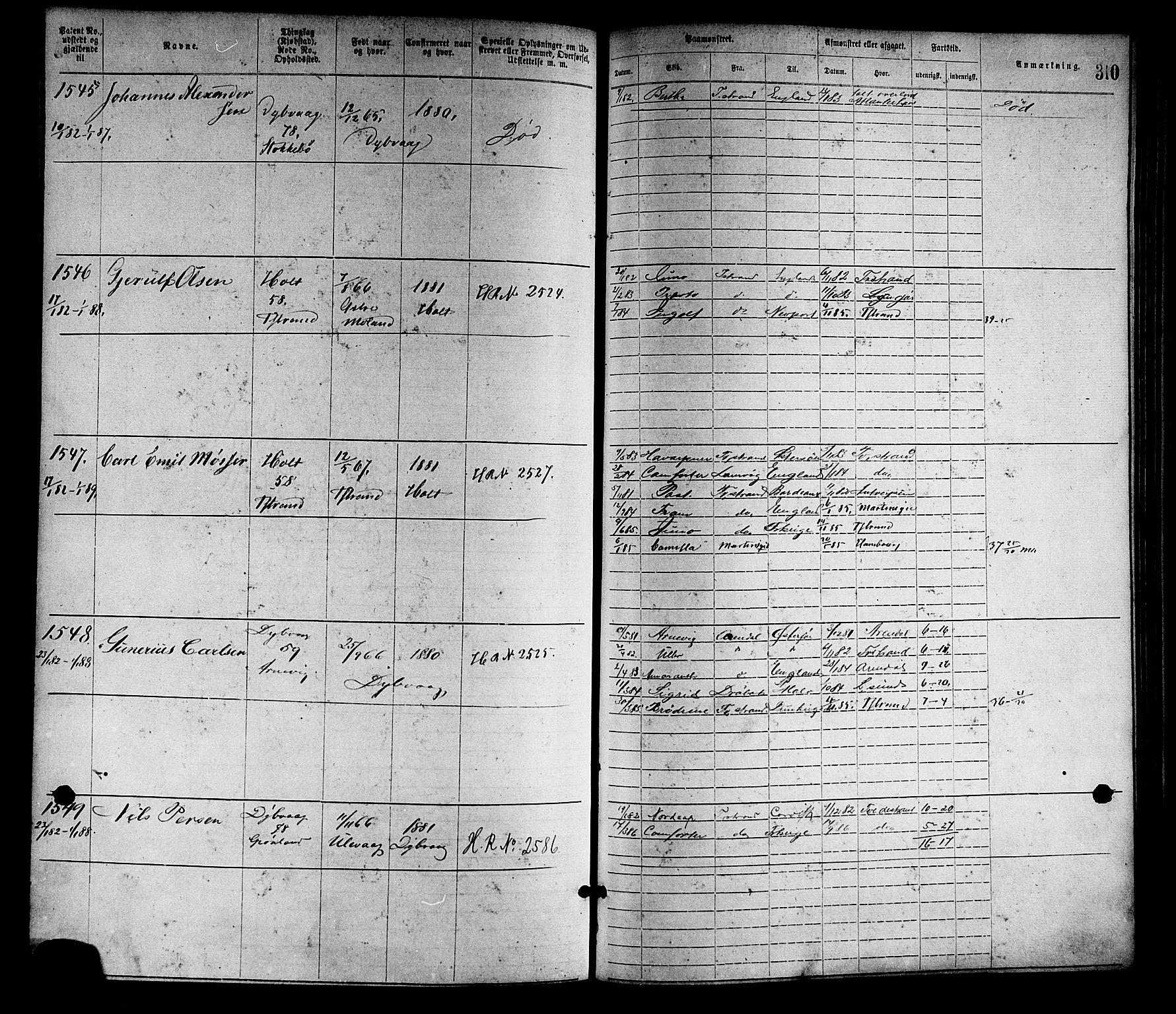 Tvedestrand mønstringskrets, SAK/2031-0011/F/Fa/L0001: Annotasjonsrulle nr 1-1905 med register, R-1, 1866-1886, s. 335