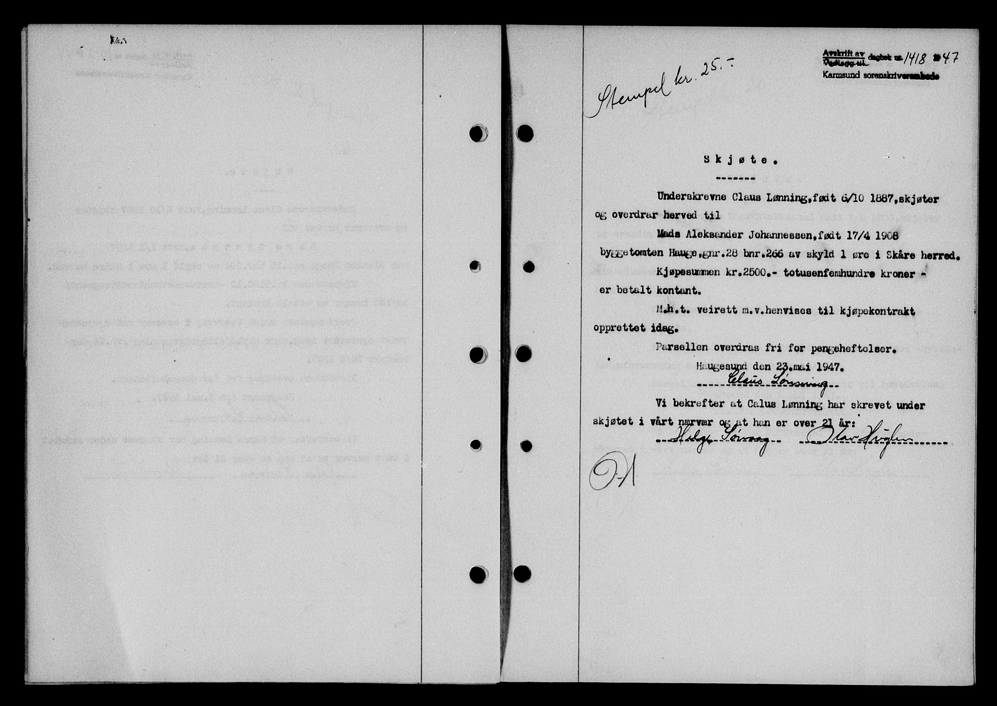 Karmsund sorenskriveri, SAST/A-100311/01/II/IIB/L0090: Pantebok nr. 70A, 1947-1947, Dagboknr: 1418/1947