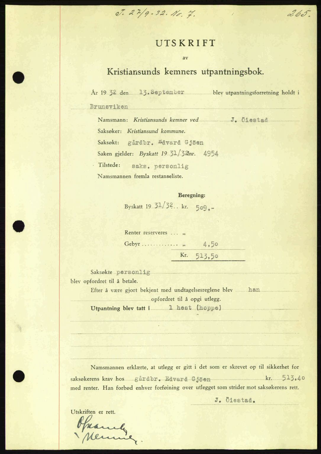 Kristiansund byfogd, AV/SAT-A-4587/A/27: Pantebok nr. 26, 1931-1933, Tingl.dato: 27.09.1932