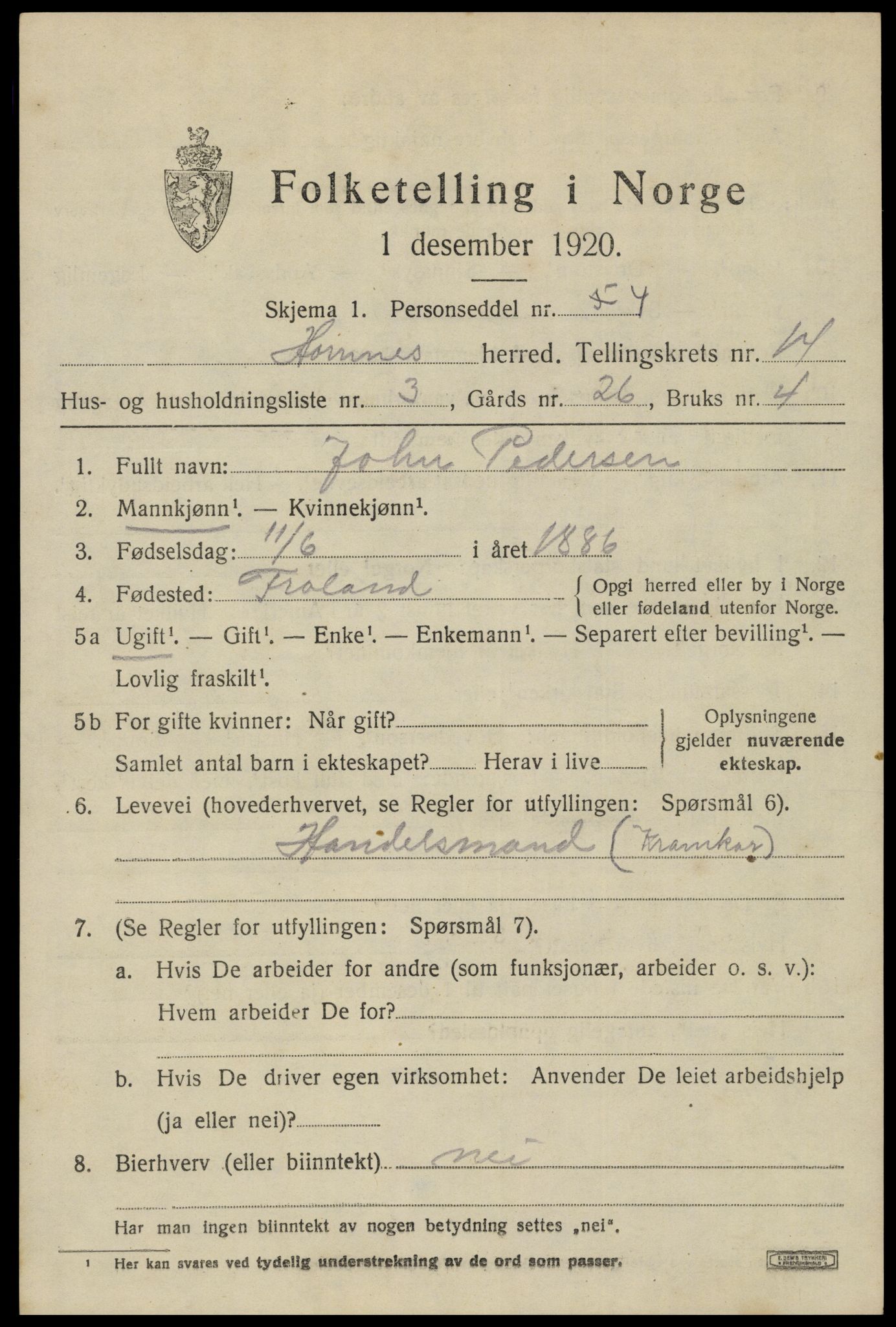 SAK, Folketelling 1920 for 0936 Hornnes herred, 1920, s. 3273
