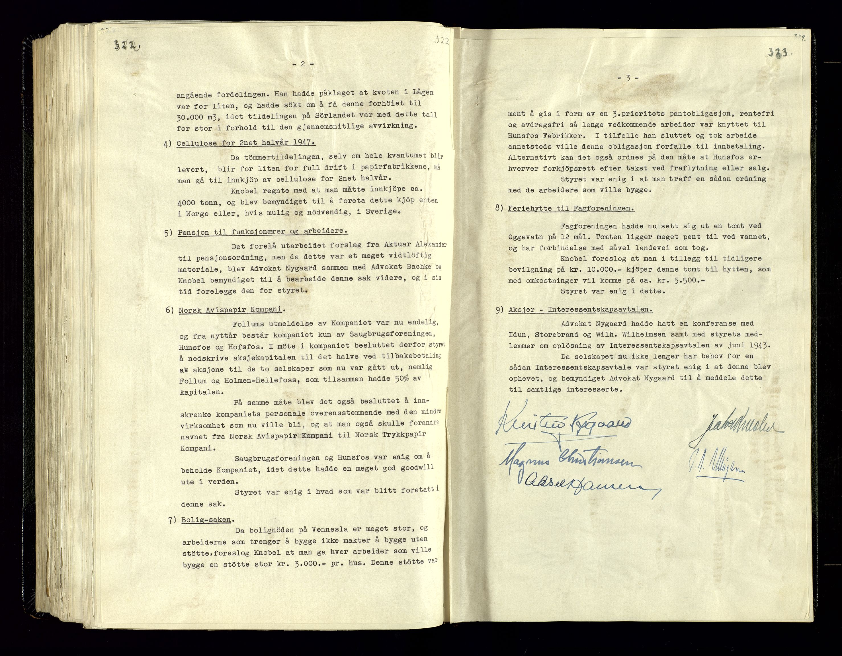 Hunsfos fabrikker, SAK/D/1440/02/L0006: Referatprotokoll fra styremøter, 1938-1950, s. 322-323