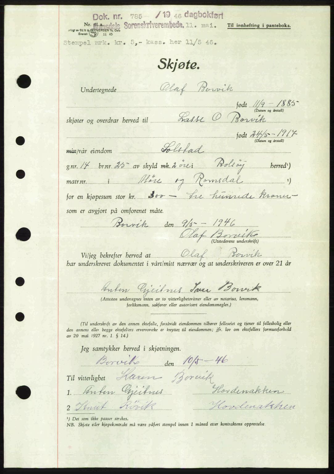 Romsdal sorenskriveri, SAT/A-4149/1/2/2C: Pantebok nr. A19, 1946-1946, Dagboknr: 785/1946