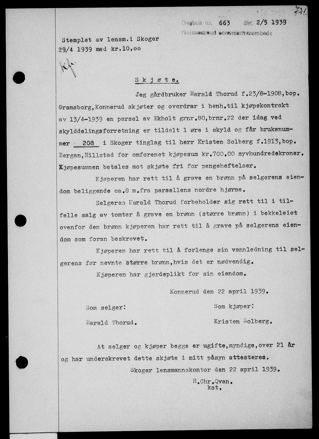 Holmestrand sorenskriveri, SAKO/A-67/G/Ga/Gaa/L0050: Pantebok nr. A-50, 1938-1939, Dagboknr: 663/1939