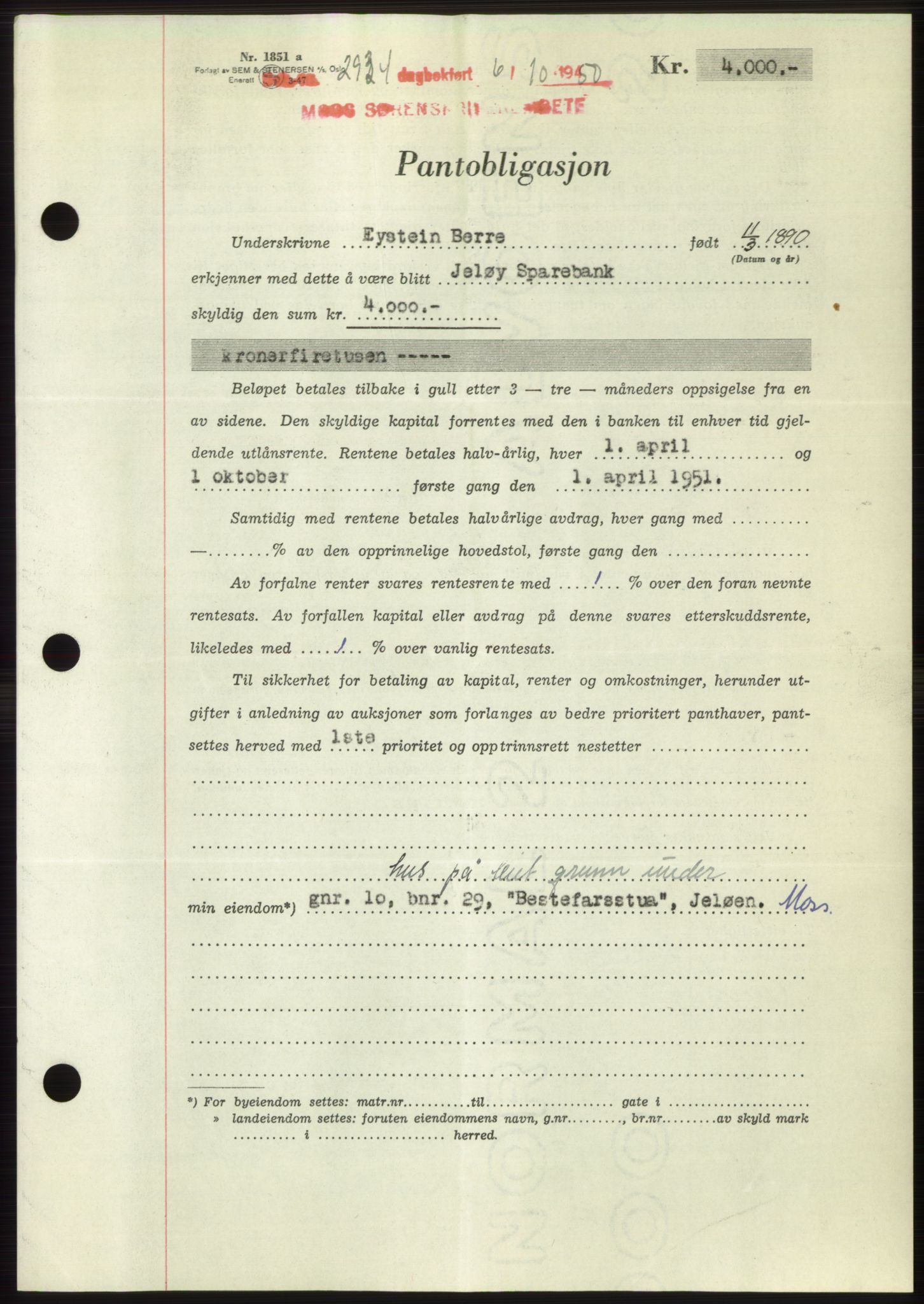 Moss sorenskriveri, SAO/A-10168: Pantebok nr. B25, 1950-1950, Dagboknr: 2934/1950