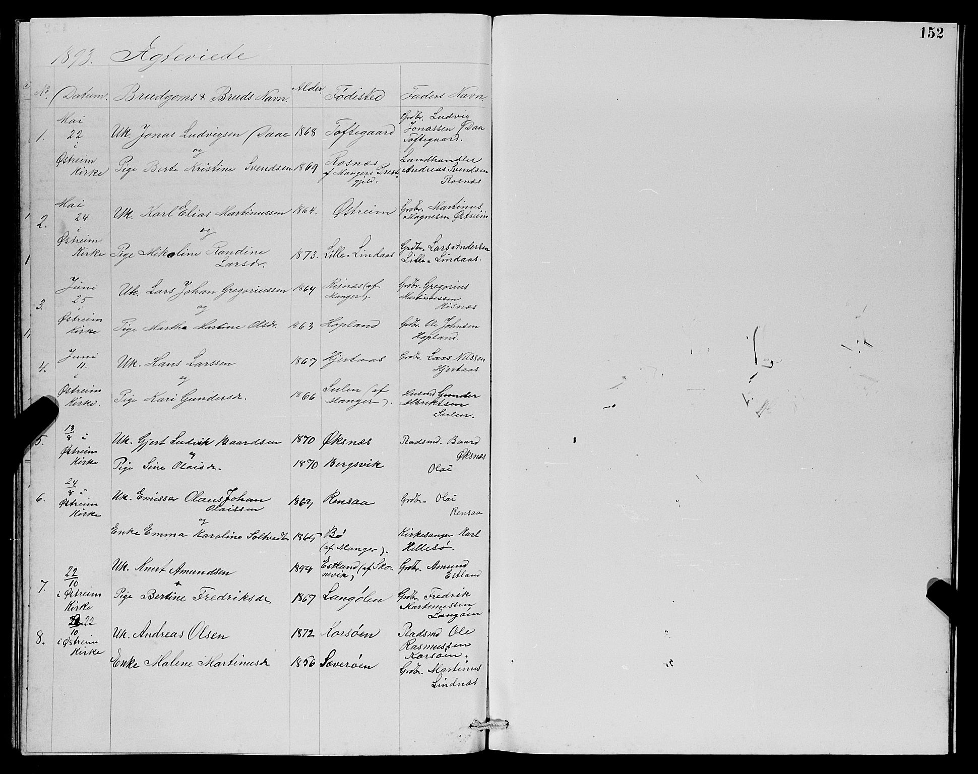 Lindås Sokneprestembete, AV/SAB-A-76701/H/Hab/Habc/L0003: Klokkerbok nr. C 3, 1886-1893, s. 152