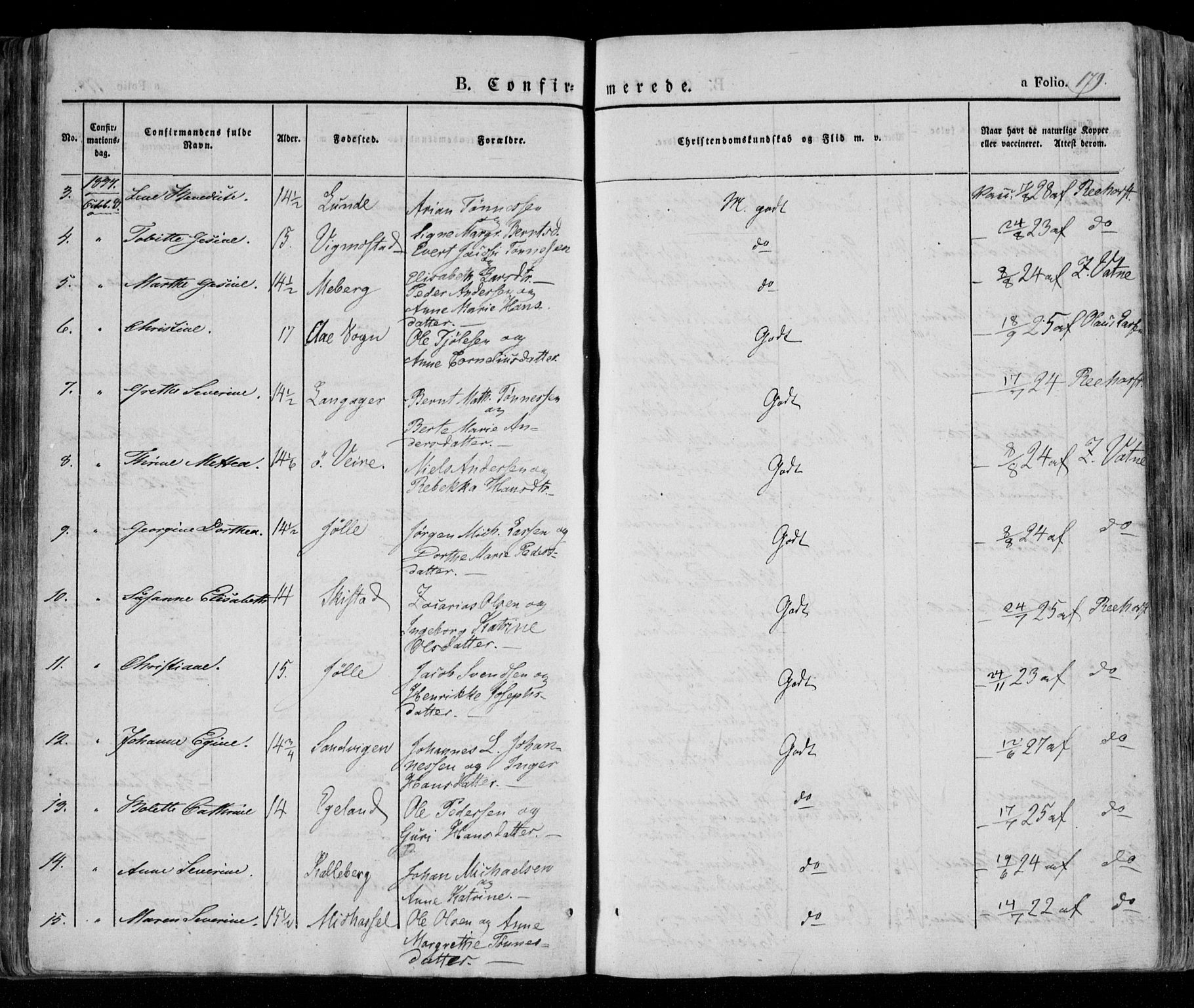 Lista sokneprestkontor, AV/SAK-1111-0027/F/Fa/L0009: Ministerialbok nr. A 9, 1835-1846, s. 179