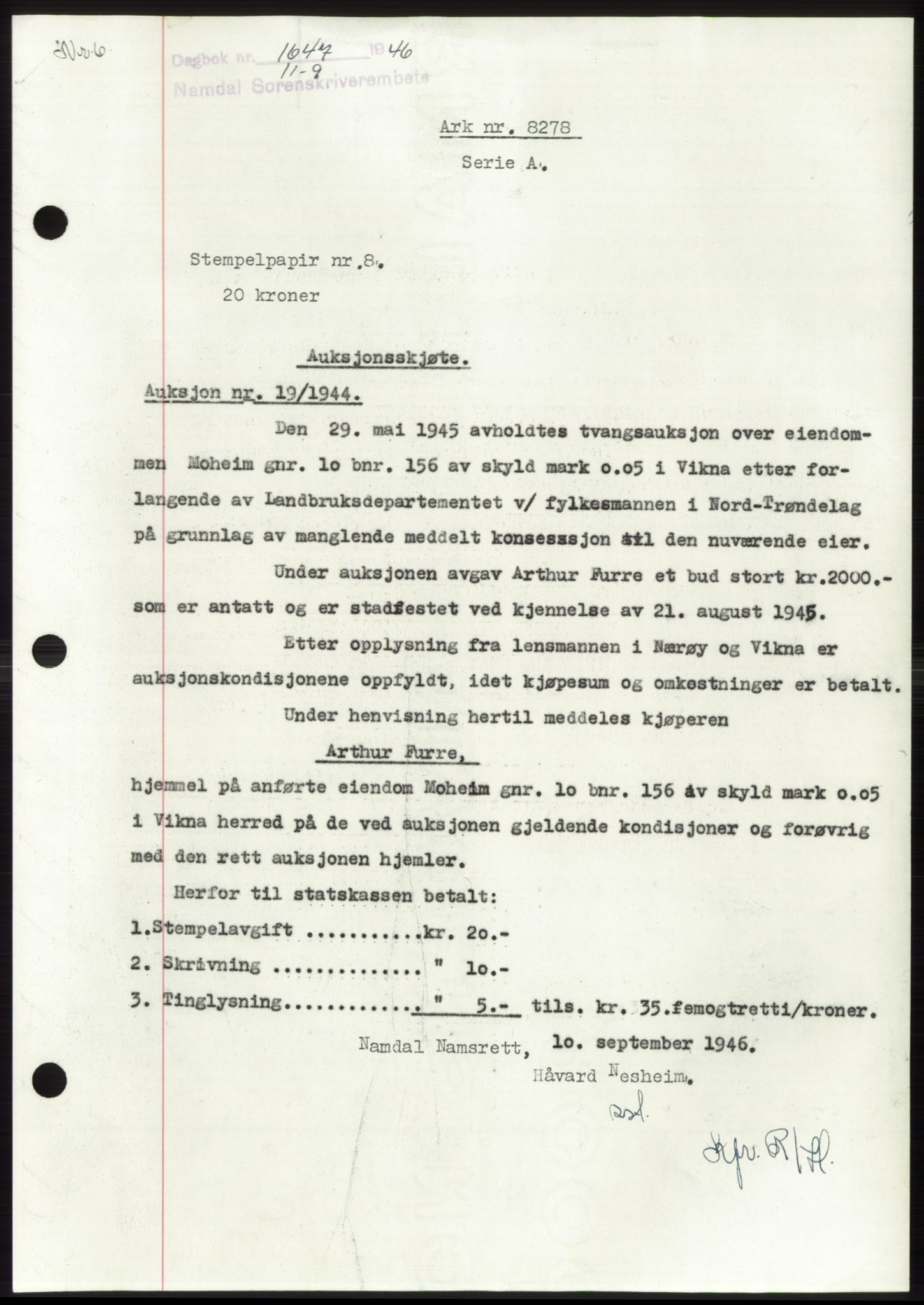 Namdal sorenskriveri, SAT/A-4133/1/2/2C: Pantebok nr. -, 1946-1947, Dagboknr: 1647/1946