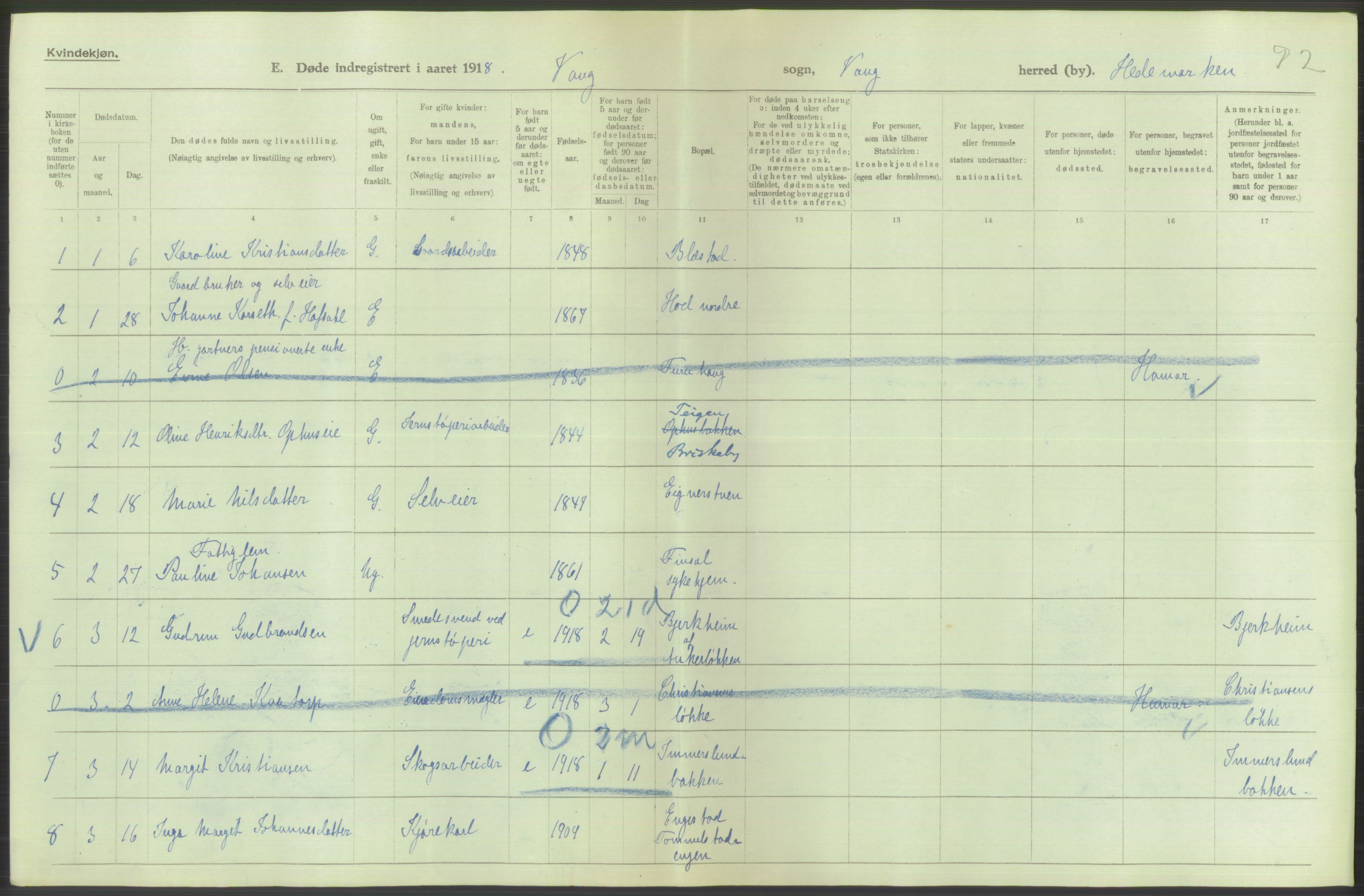 Statistisk sentralbyrå, Sosiodemografiske emner, Befolkning, AV/RA-S-2228/D/Df/Dfb/Dfbh/L0014: Hedemarkens fylke: Døde. Bygder og byer., 1918, s. 224