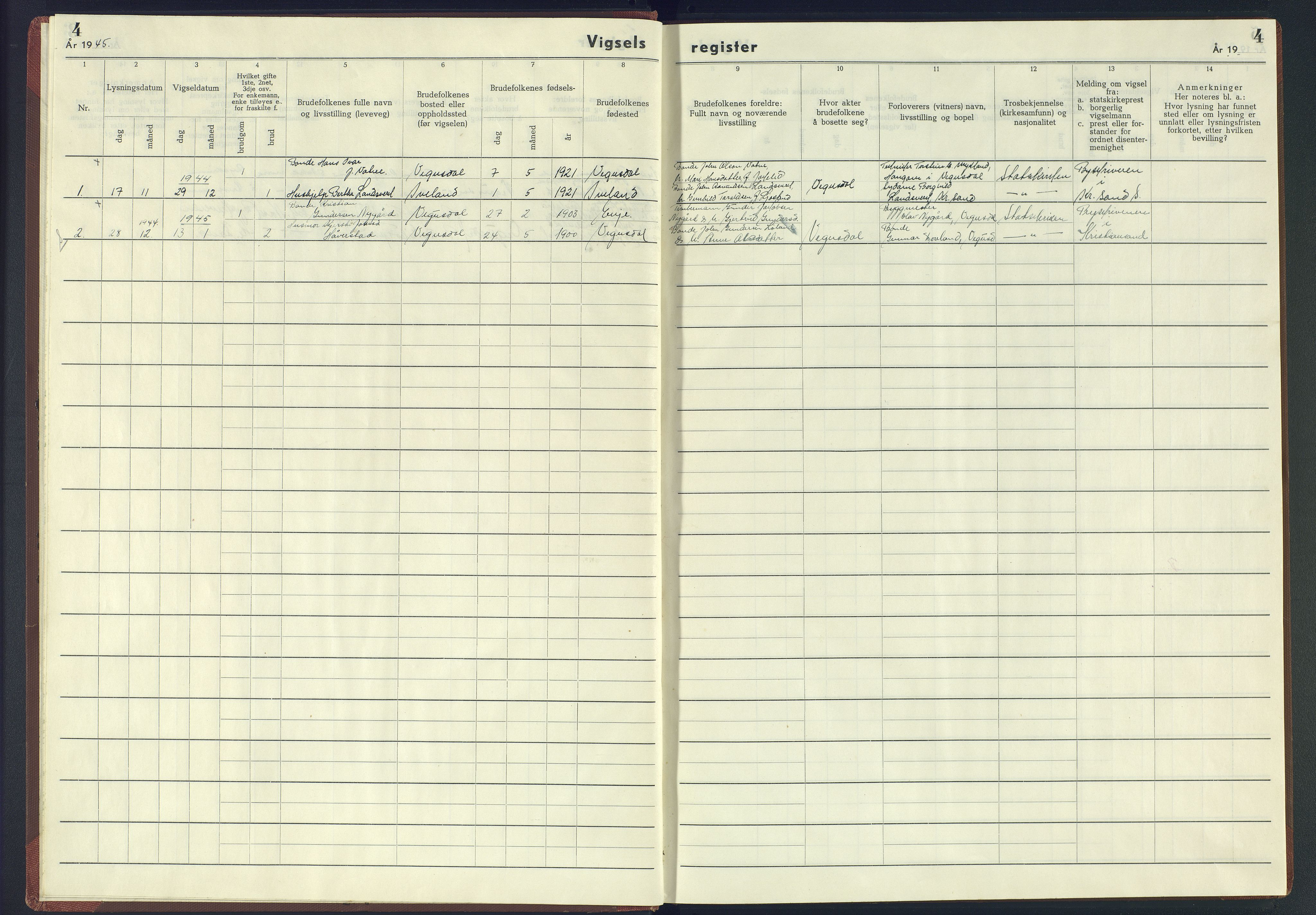 Herefoss sokneprestkontor, AV/SAK-1111-0019/J/Jb/L0006: Vigselsregister nr. II.6.6, 1942-1945, s. 4