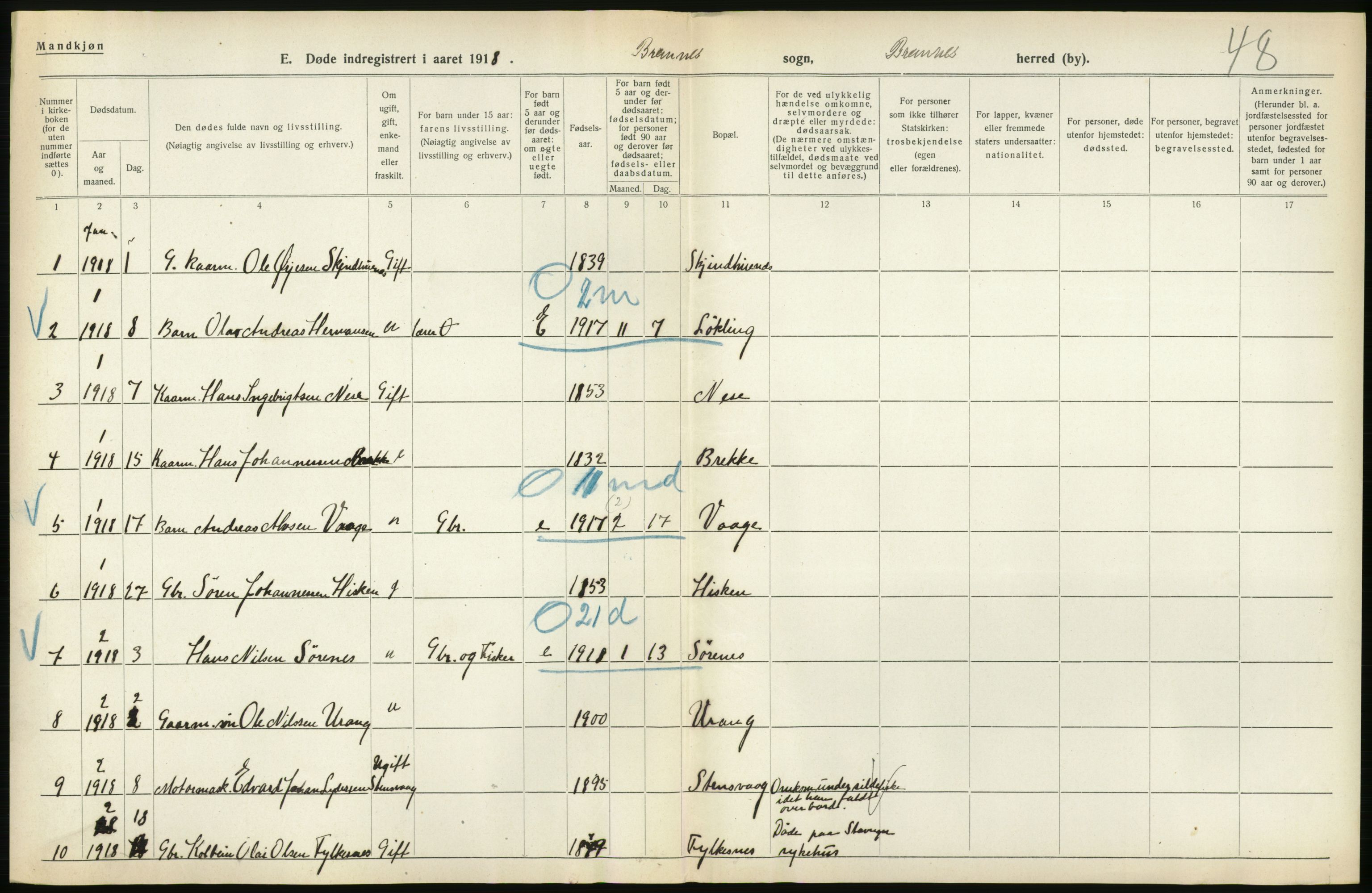 Statistisk sentralbyrå, Sosiodemografiske emner, Befolkning, AV/RA-S-2228/D/Df/Dfb/Dfbh/L0036: Hordaland fylke: Døde., 1918, s. 66