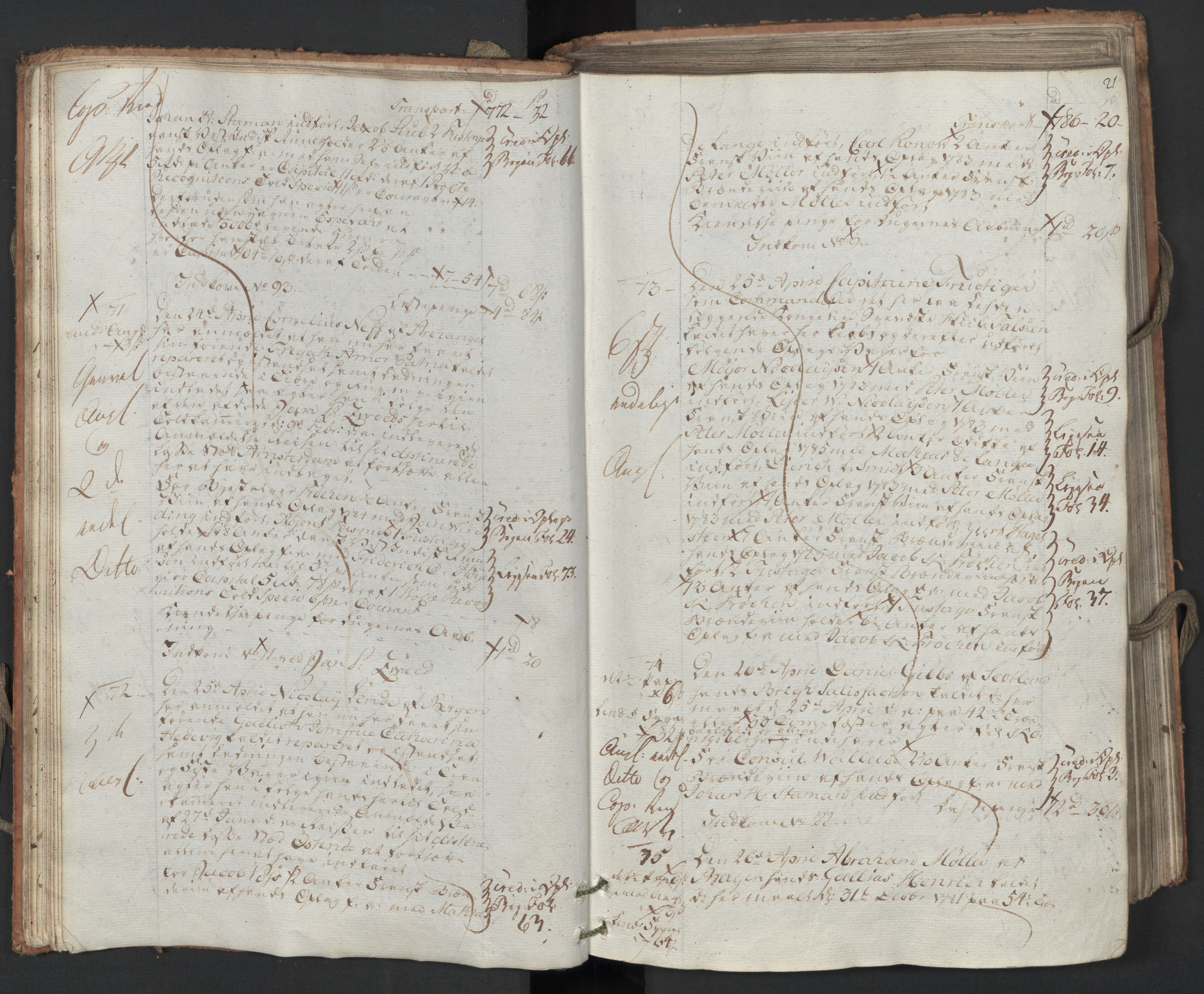 Generaltollkammeret, tollregnskaper, AV/RA-EA-5490/R26/L0223/0001: Tollregnskaper Bergen A / Utgående hovedtollbok, 1786, s. 20b-21a