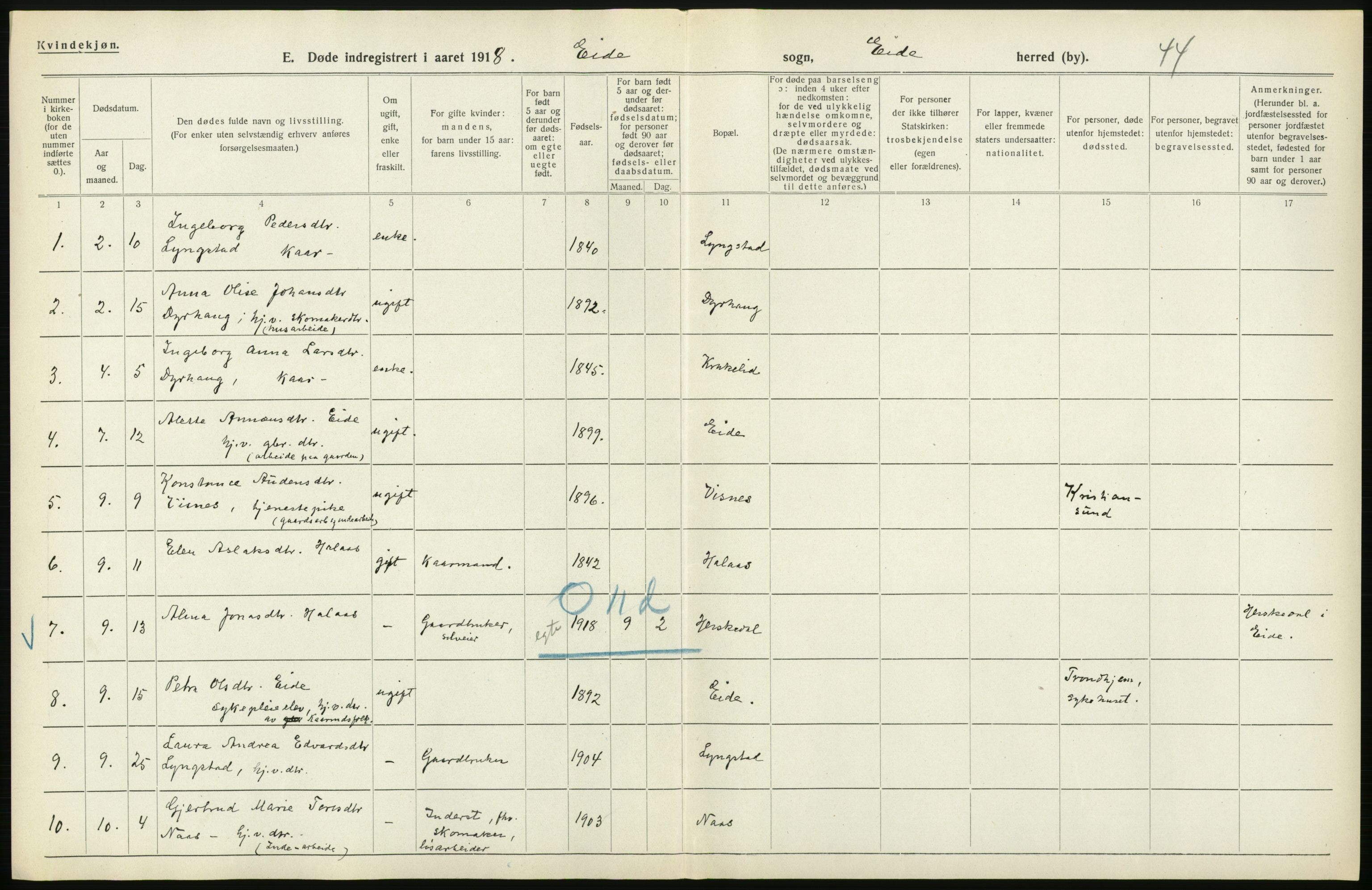 Statistisk sentralbyrå, Sosiodemografiske emner, Befolkning, AV/RA-S-2228/D/Df/Dfb/Dfbh/L0045: Møre fylke: Døde. Bygder og byer., 1918, s. 208