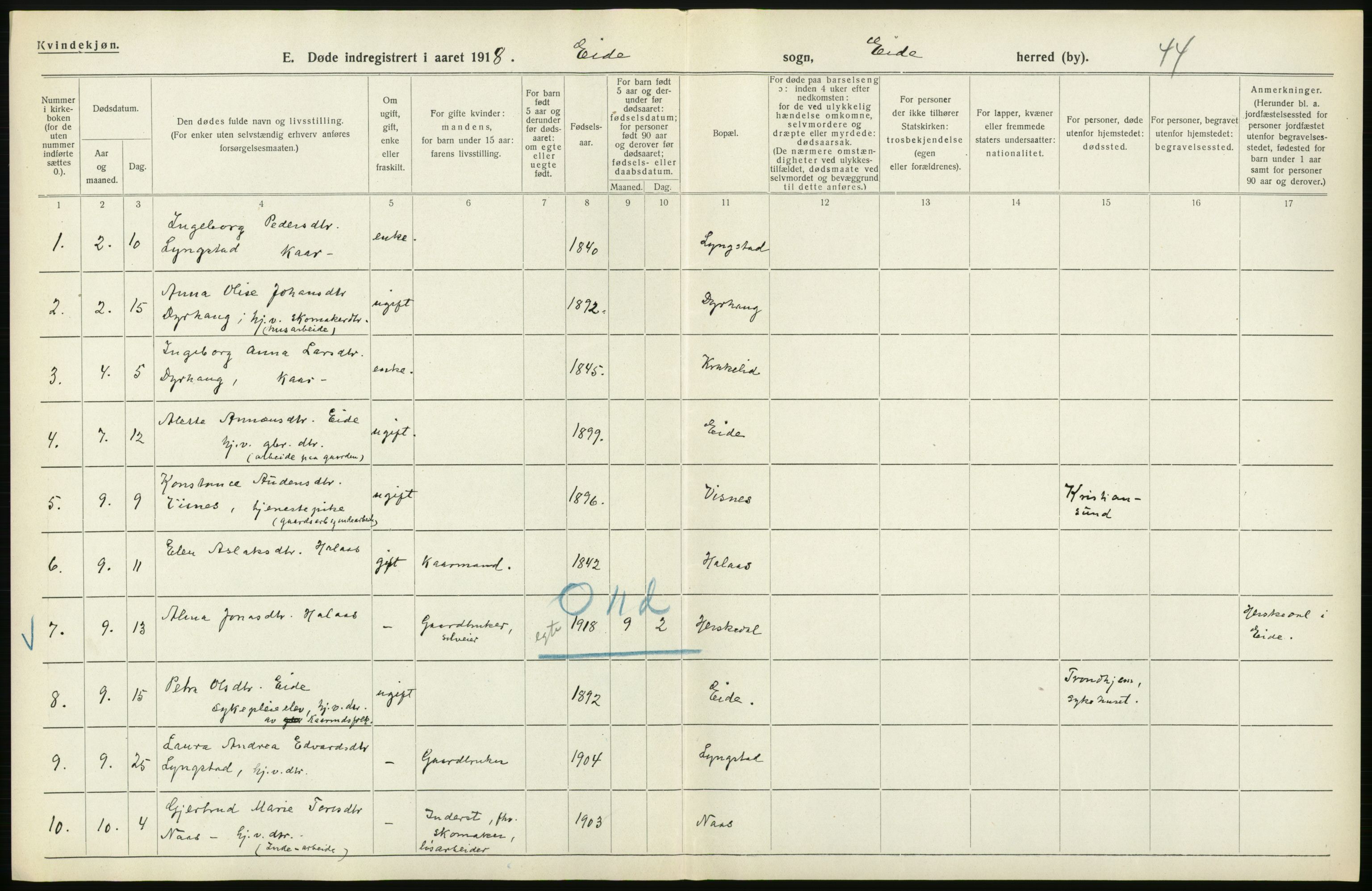 Statistisk sentralbyrå, Sosiodemografiske emner, Befolkning, RA/S-2228/D/Df/Dfb/Dfbh/L0045: Møre fylke: Døde. Bygder og byer., 1918, s. 208