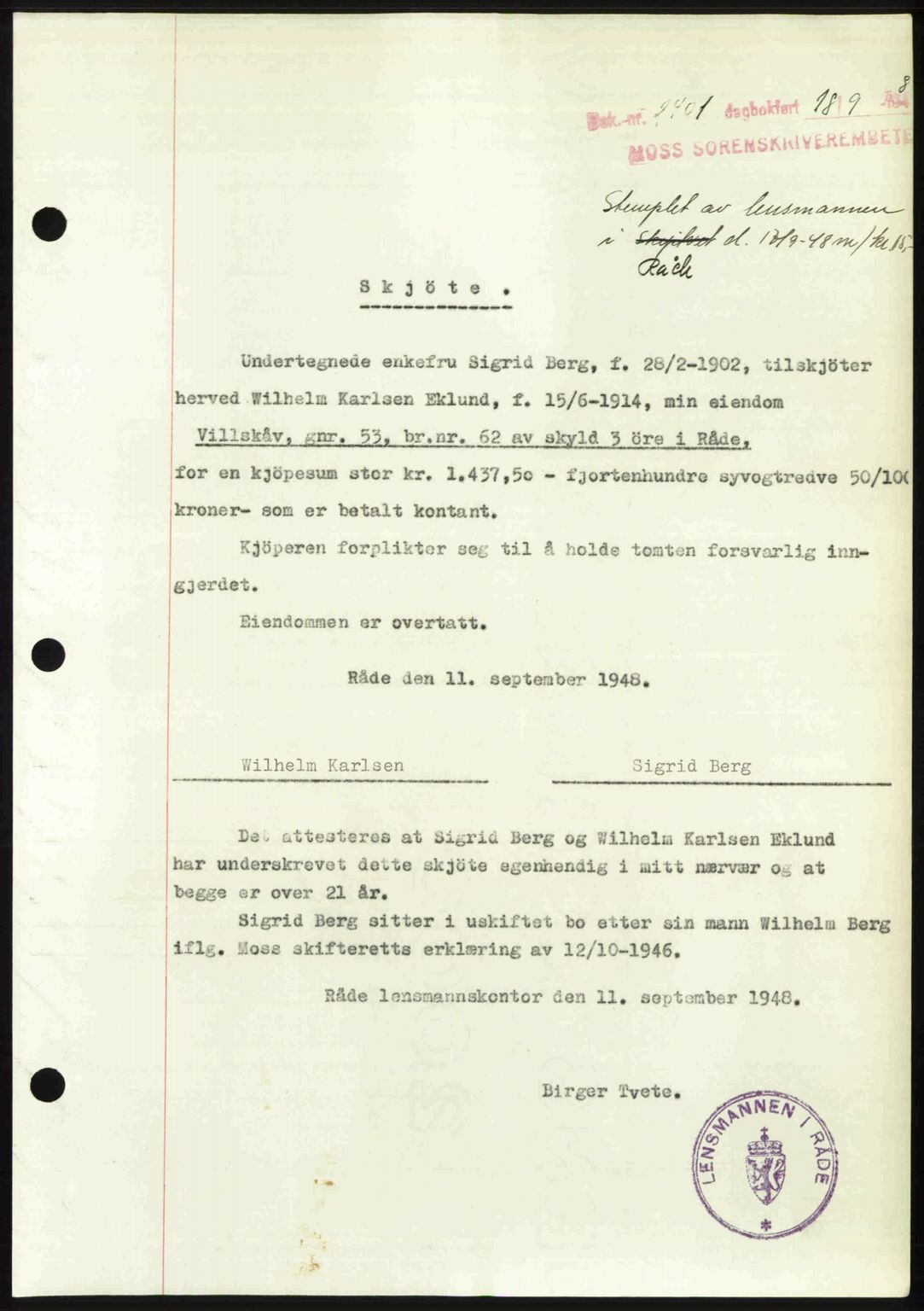 Moss sorenskriveri, SAO/A-10168: Pantebok nr. A20, 1948-1948, Dagboknr: 2401/1948