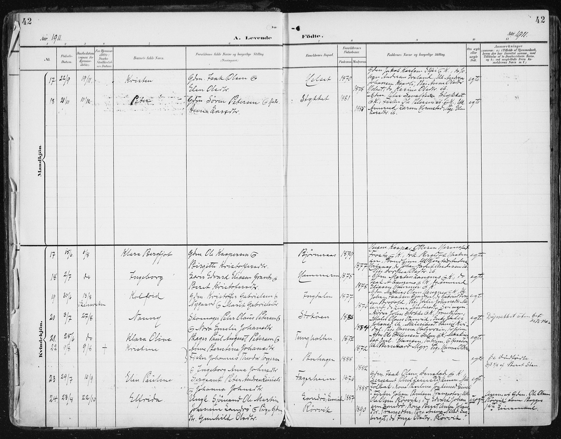 Ministerialprotokoller, klokkerbøker og fødselsregistre - Sør-Trøndelag, SAT/A-1456/646/L0616: Ministerialbok nr. 646A14, 1900-1918, s. 42