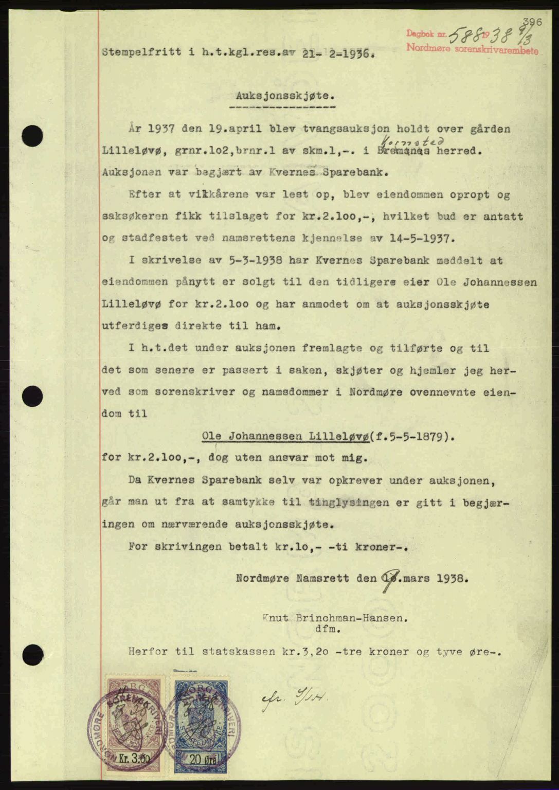 Nordmøre sorenskriveri, SAT/A-4132/1/2/2Ca: Pantebok nr. A83, 1938-1938, Dagboknr: 588/1938