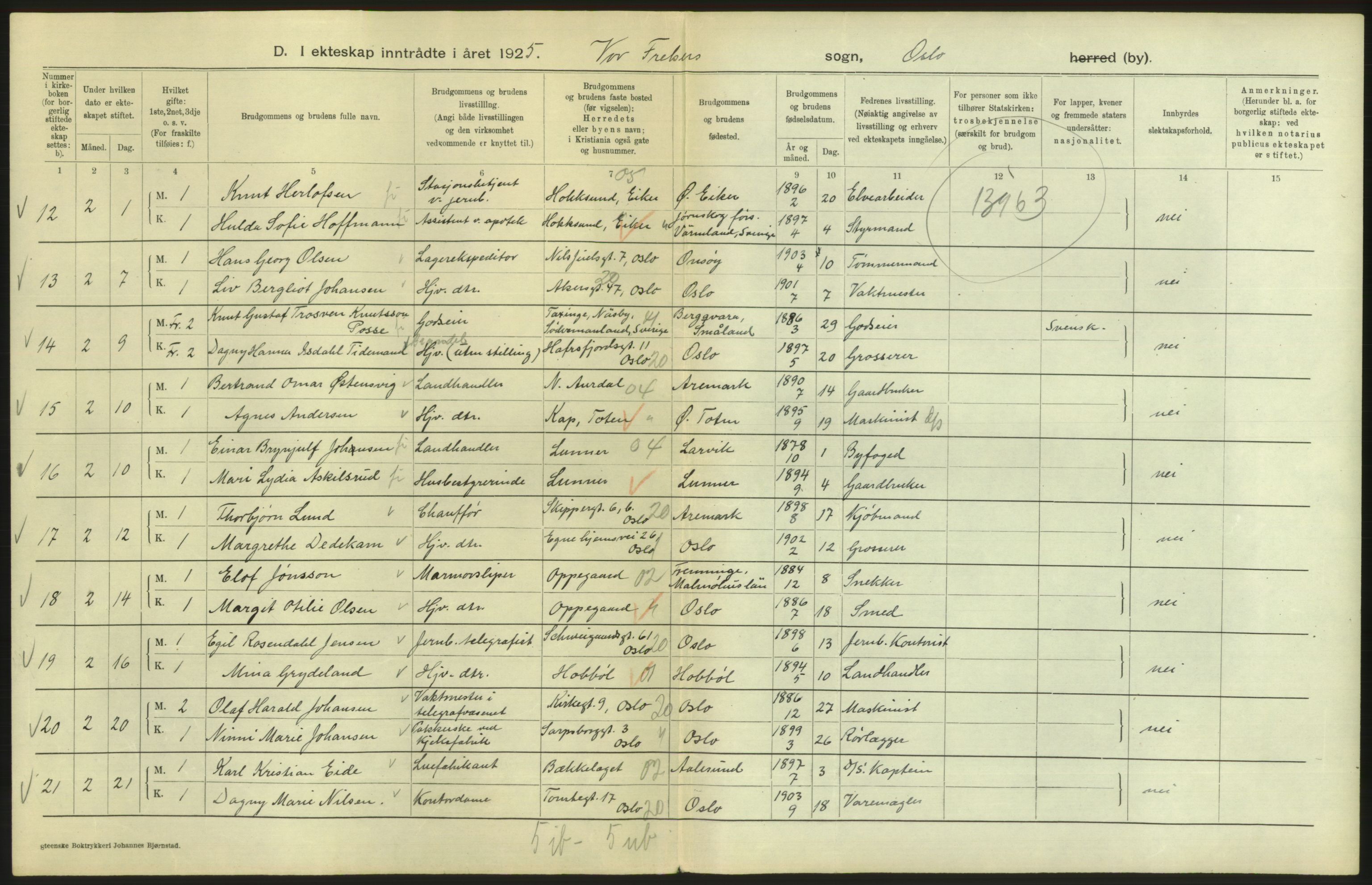 Statistisk sentralbyrå, Sosiodemografiske emner, Befolkning, AV/RA-S-2228/D/Df/Dfc/Dfce/L0008: Oslo: Gifte, 1925, s. 6